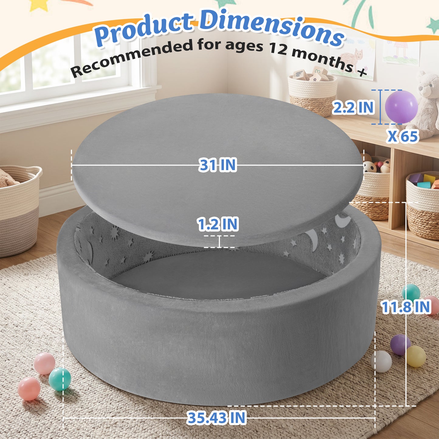 babyeap Ball Pit with 65 Balls,Glowing Foam Ball Pit for Toddlers,Large Soft Baby Playpen Ball Pool for Indoor & Outdoor Play,Round Kids Play Pit,Gray