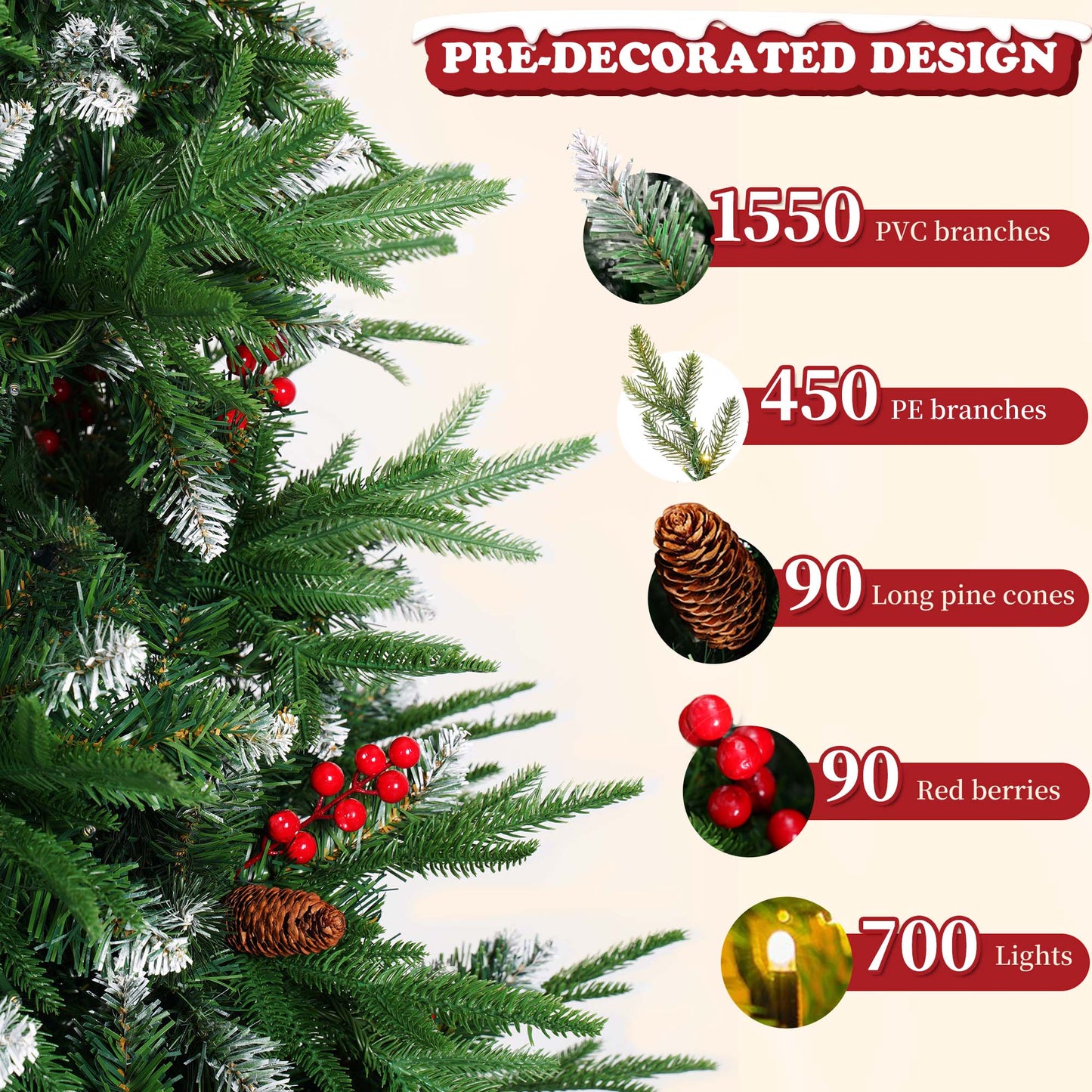 Yexmas 9ft Pre-Lit Artificial Christmas Trees,Green Xmas Tree with Large Christmas Tree Storage Bag,Pinecones, Berries, Realistic Artificial Christmas Trees for Home, Office, Party Decoration