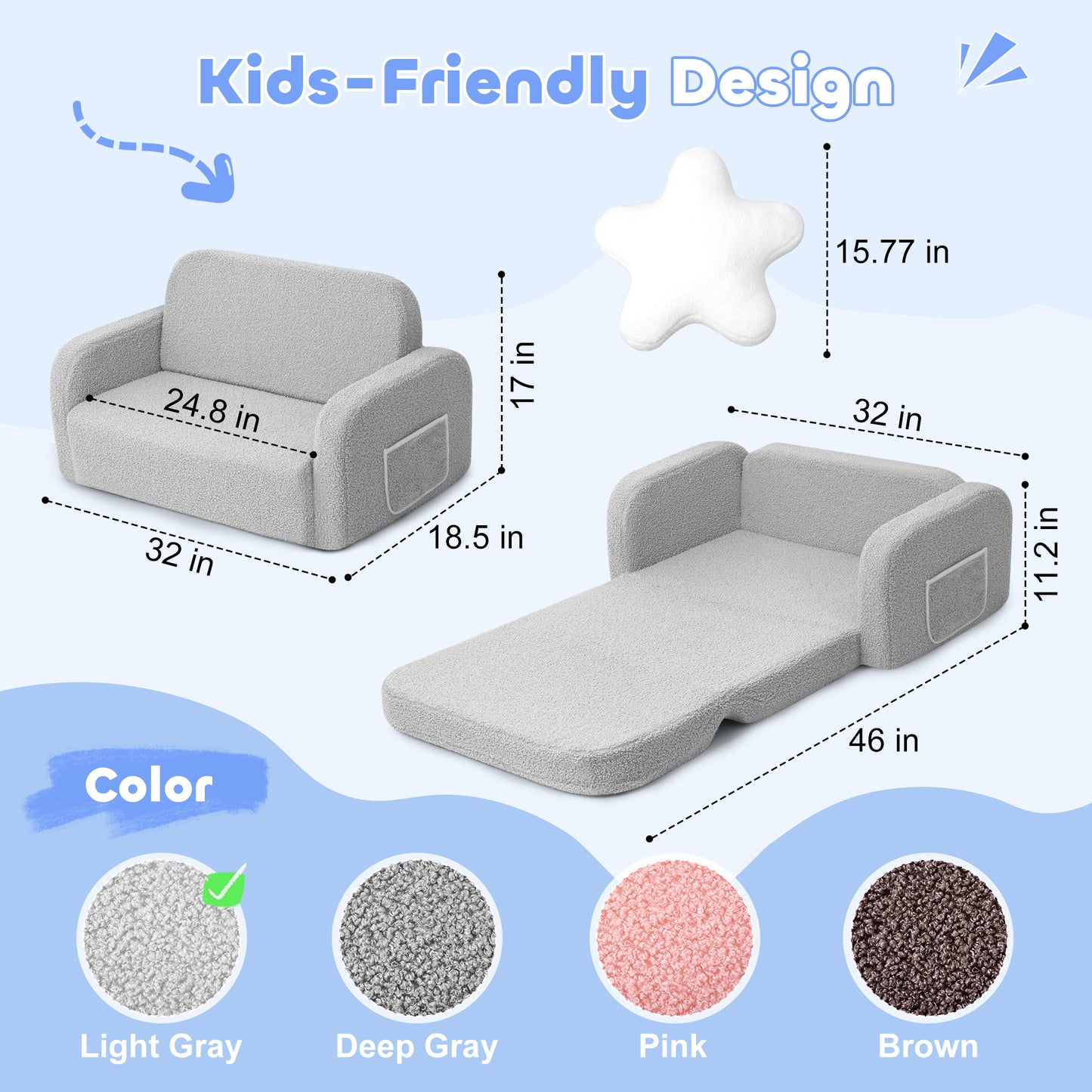 Babyeap Extra Wide Kids Chair,2-in-1 Convertible Toddler Chairs,Soft Comfy Kids Couch, Kids Sofa for Boys & Girls 3+,Light Gray
