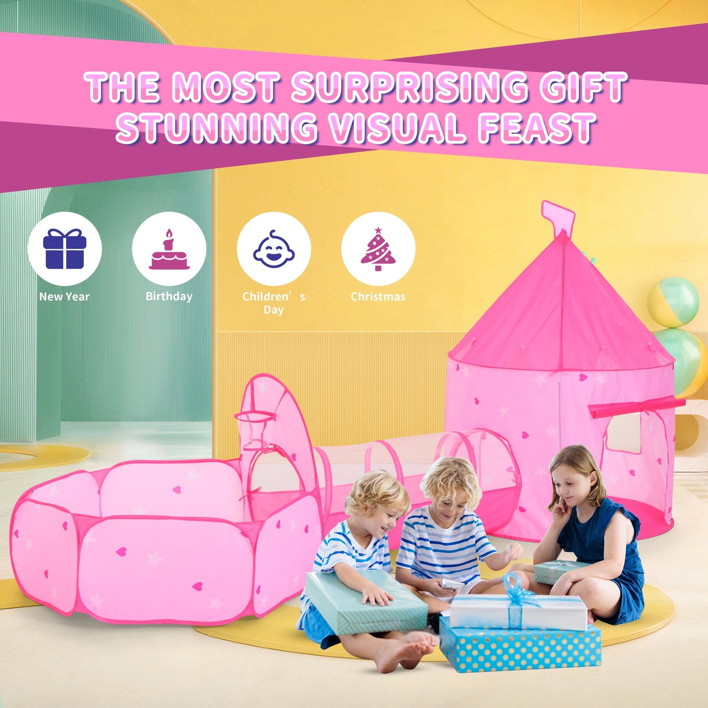 Yexmas Kids Ball Pit with Play Tent and Play Tunnel, Kids Pop Up Tent for Indoor Outdoor, Toys for Boys Girls Babies Toddlers Playhouse