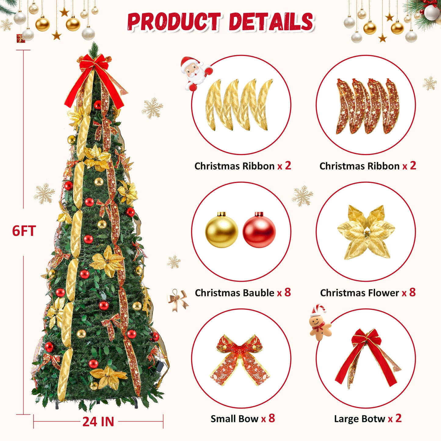Lookfly 6FT Pre-Lit Christmas Tree,Green Pop Up Christmas Trees for Indoor Holiday Party Decorations