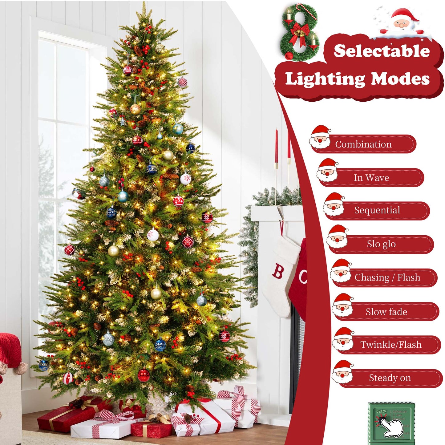 Yexmas 7.5ft Pre-Lit Artificial Christmas Trees,Green Xmas Tree with Large Christmas Tree Storage Bag,Pinecones, Berries, Realistic Artificial Christmas Trees for Home, Office, Party Decoration