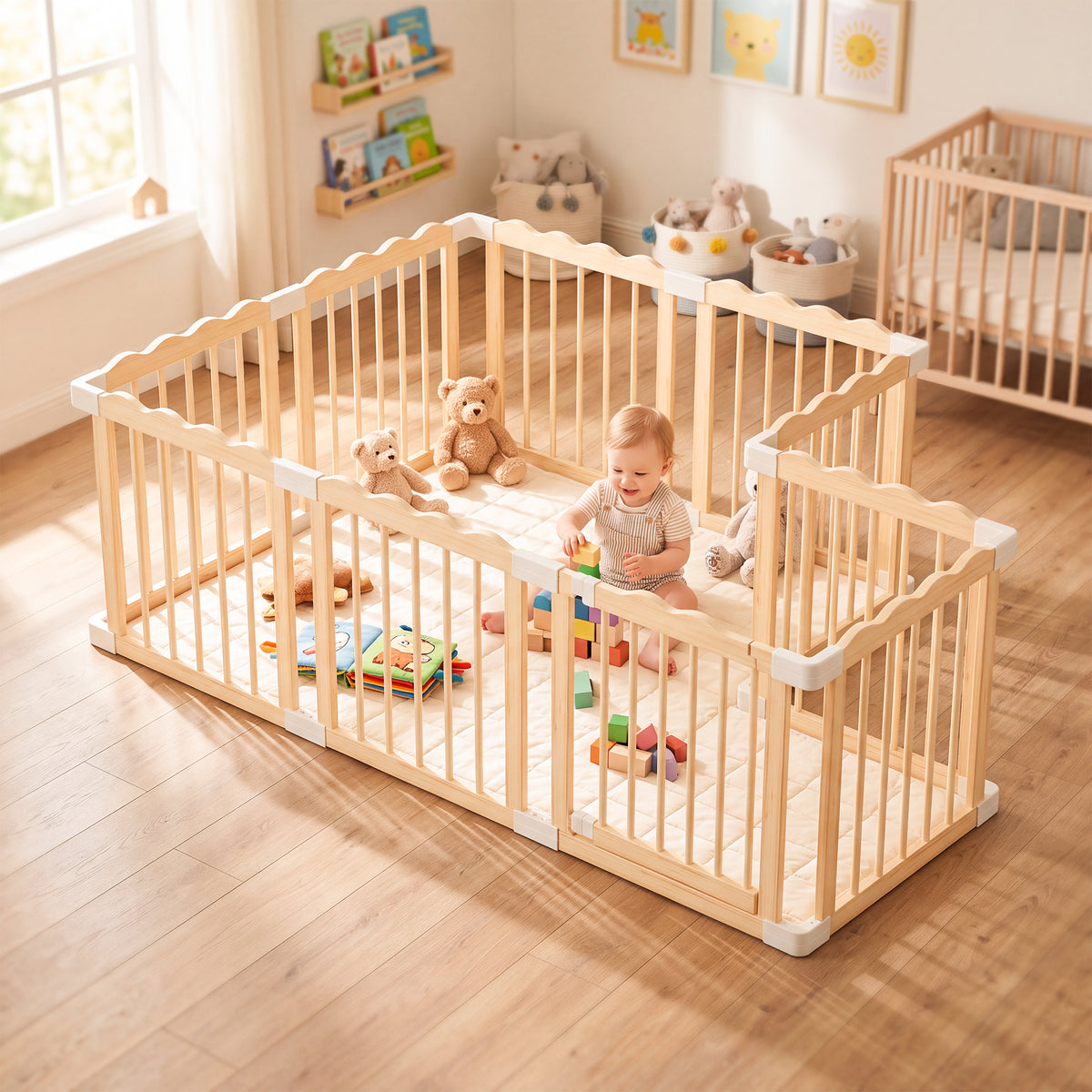 Babyeap Foldable Wooden Baby Playpen,Large Wood Play Yard for Babies and Toddlers, Baby Fence for Indoor Activity Center,71x47x23.6 Inch