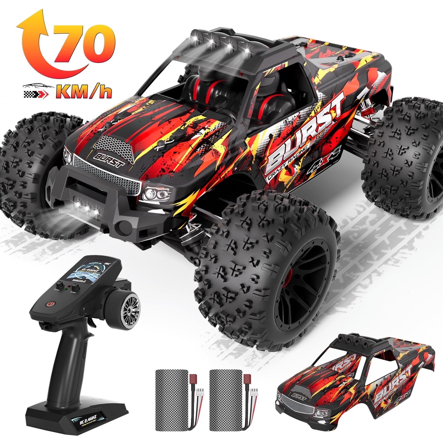 Yexmas 1:14 High-Speed RC Car ,70KM/H All Terrain Off-Road Remote Control Car , 2 Batteries Gifts Toys for Kids Adults