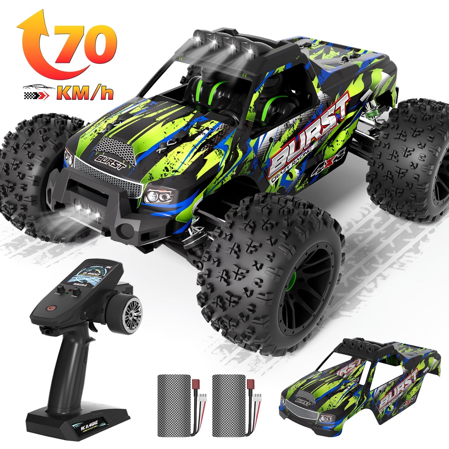 Yexmas 1:14 High-Speed RC Car ,70KM/H All Terrain Off-Road Remote Control Car , 2 Batteries Gifts Toys for Kids Adults