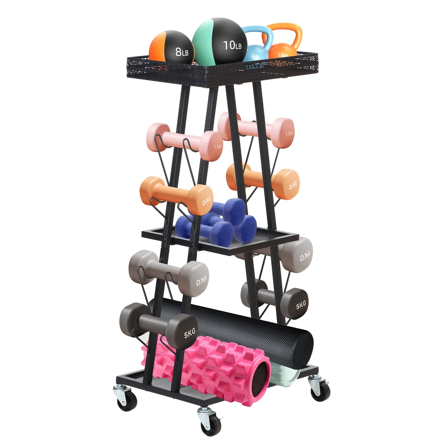 Yexmas Home Gym Storage Rack, All-in-one Weight Rack for Dumbbells、Kettlebells、Yoga Mats, Foam Rollers, Resistance Bands, Exercise Equipment Storage Organizer with Hooks and Basket,Black
