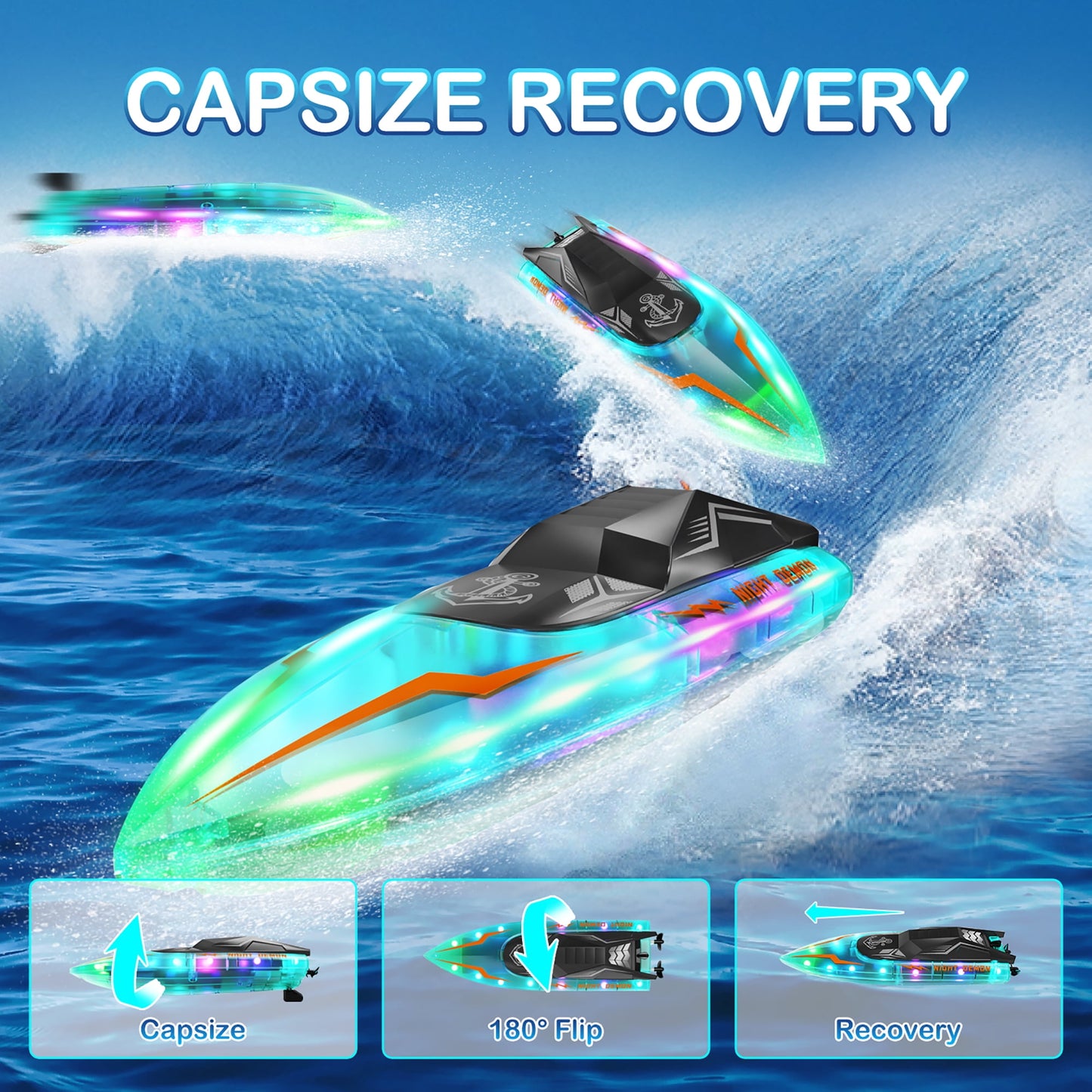 Yexmas RC Boat for Pools and Lakes, 2.4G 15+ MPH Fast Remote Control Boat with LED Lights, Racing Boats for Kids & Adults with 2 Rechargeable Battery,Gifts for Boys Girls (Blue)