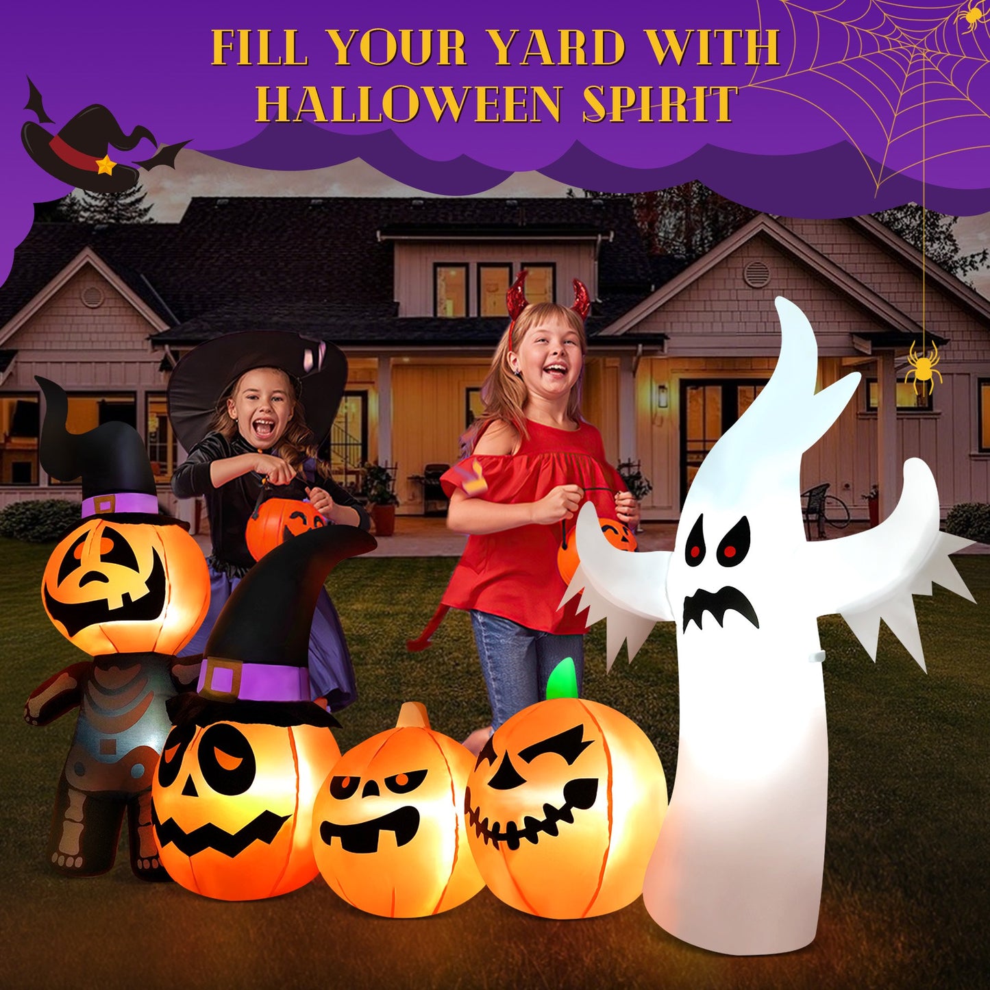 Yexmas Halloween Inflatables, 9 FT Long 4 Pumpkins with Cute White Ghost Outdoor Decorations, Built-in LEDs, Blow Up Party, Waterproof Yard, Garden, Lawn Decor