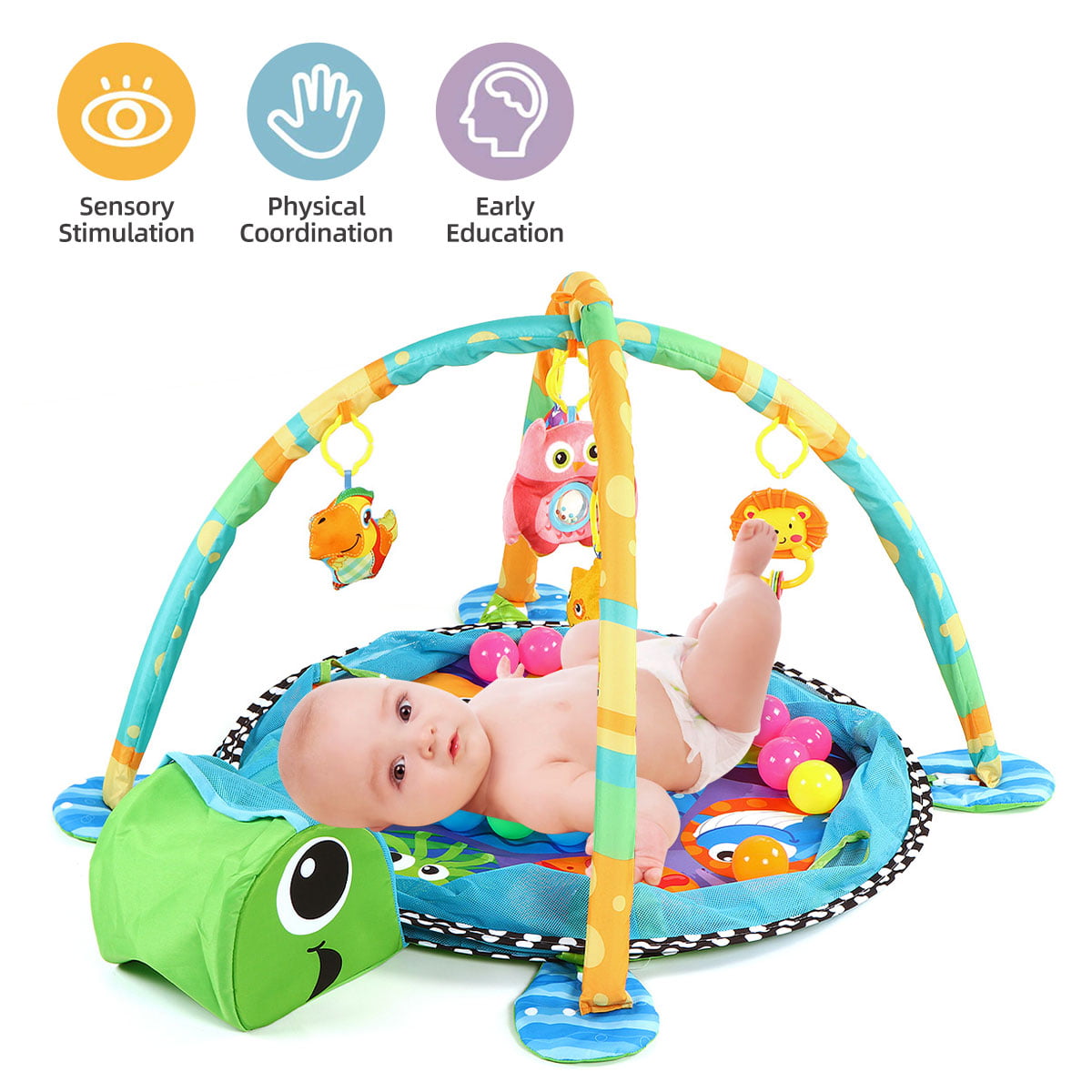 Babyeap 3 in 1 Baby Gym Play Mat Baby Activity with Ocean Ball,Green Turtle
