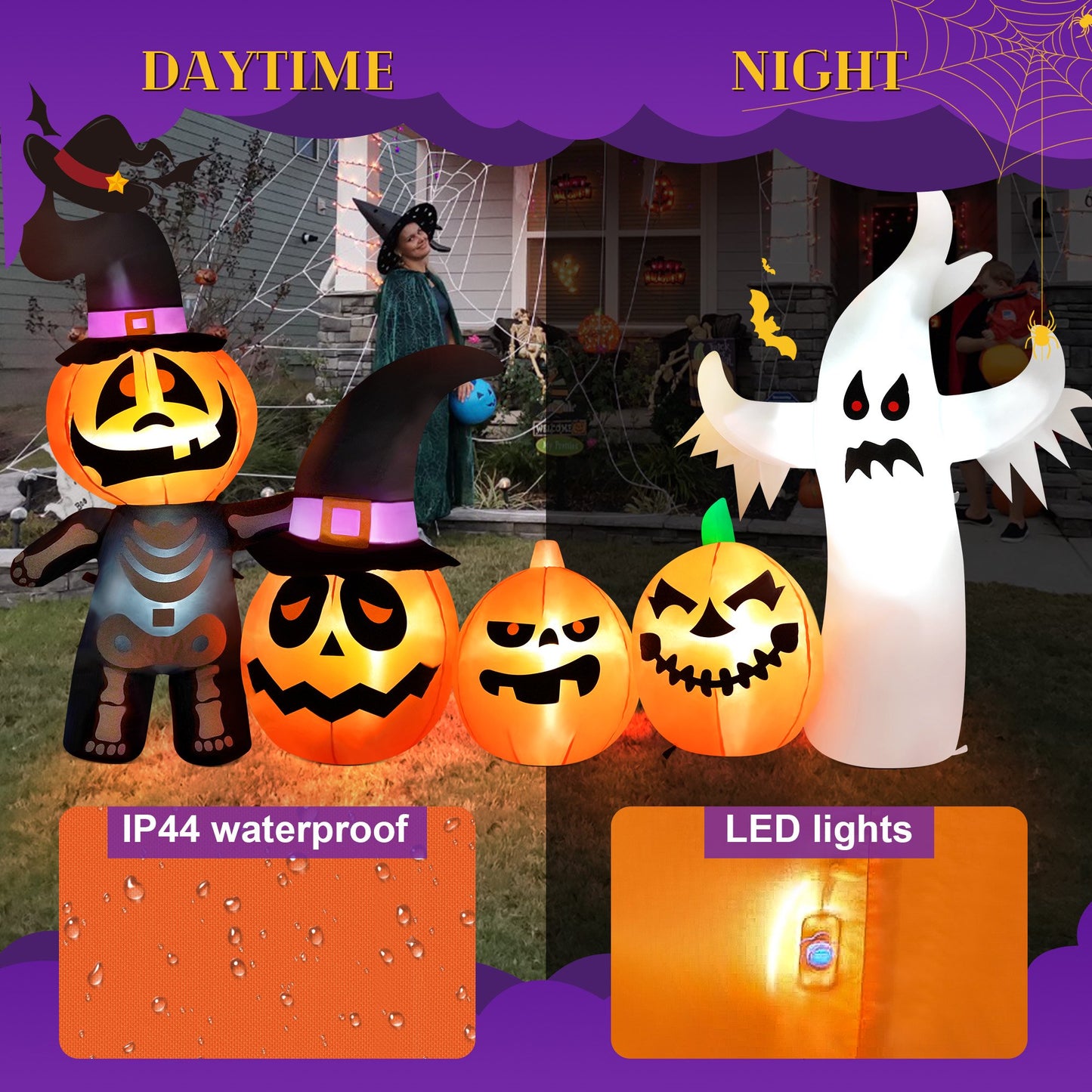 Yexmas Halloween Inflatables, 9 FT Long 4 Pumpkins with Cute White Ghost Outdoor Decorations, Built-in LEDs, Blow Up Party, Waterproof Yard, Garden, Lawn Decor