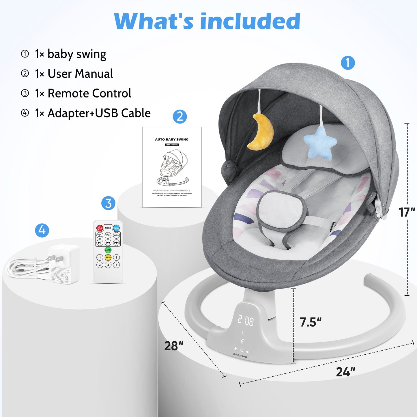 Babyeap Baby Swing for Infants - APP Remote Bluetooth Control, 5 Speed Settings, 10 Lullabies, USB Plug