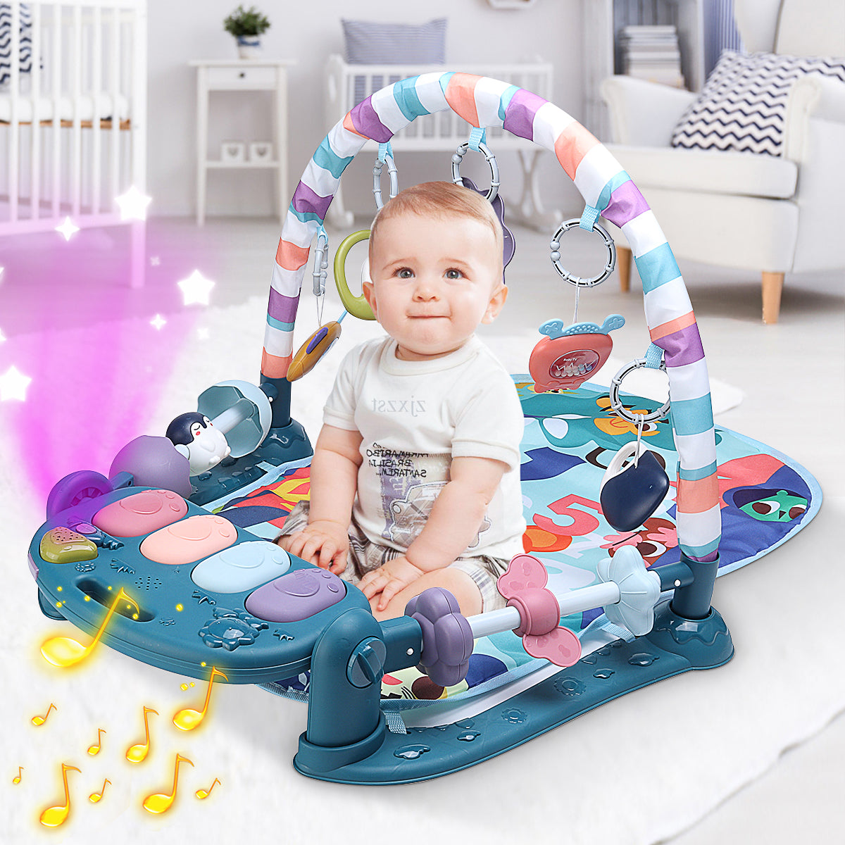 Babyeap Baby Gym Play Mat 3 in 1 Fitness Rack with Music and Lights Fun Piano Baby Activity Center