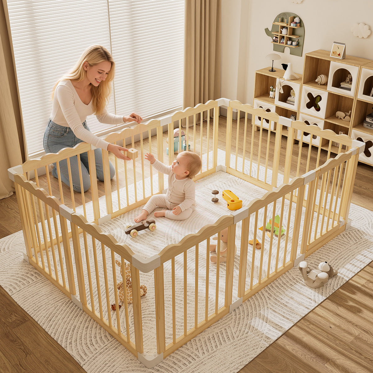 Babyeap Foldable Wooden Baby Playpen,Large Wood Play Yard for Babies and Toddlers, Baby Fence for Indoor Activity Center,71x47x23.6 Inch