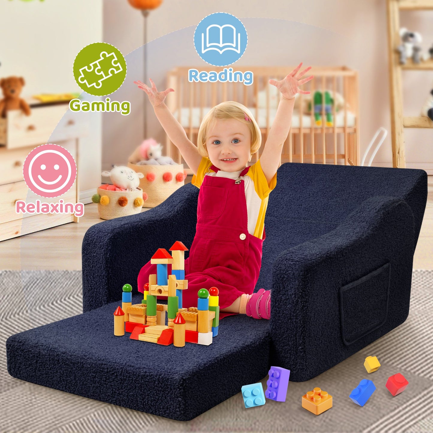 Babyeap 3-in-1 Kids Sofa,Toddler Sofa Bed Fold Out,Comfy Kids Couch,Convertible Baby Chair for Girls and Boys,Dark Blue