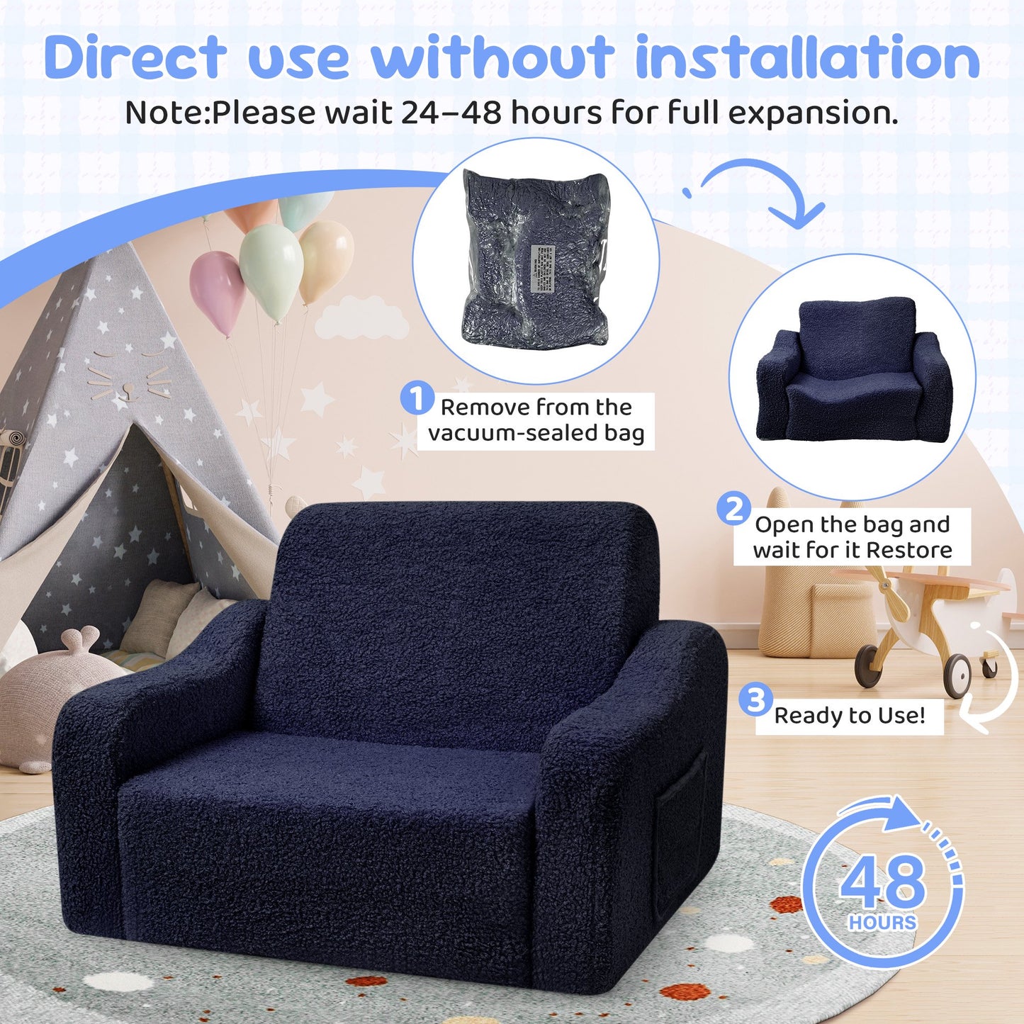 Babyeap 3-in-1 Kids Sofa,Toddler Sofa Bed Fold Out,Comfy Kids Couch,Convertible Baby Chair for Girls and Boys,Dark Blue