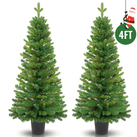 Yexmas 2-Pack 4FT Potted Christmas Trees, Artificial Potted Trees with Mixed PE & PVC, Small Potted Xmas Trees for Front Porch, Entryway Indoor Outdoor Decor