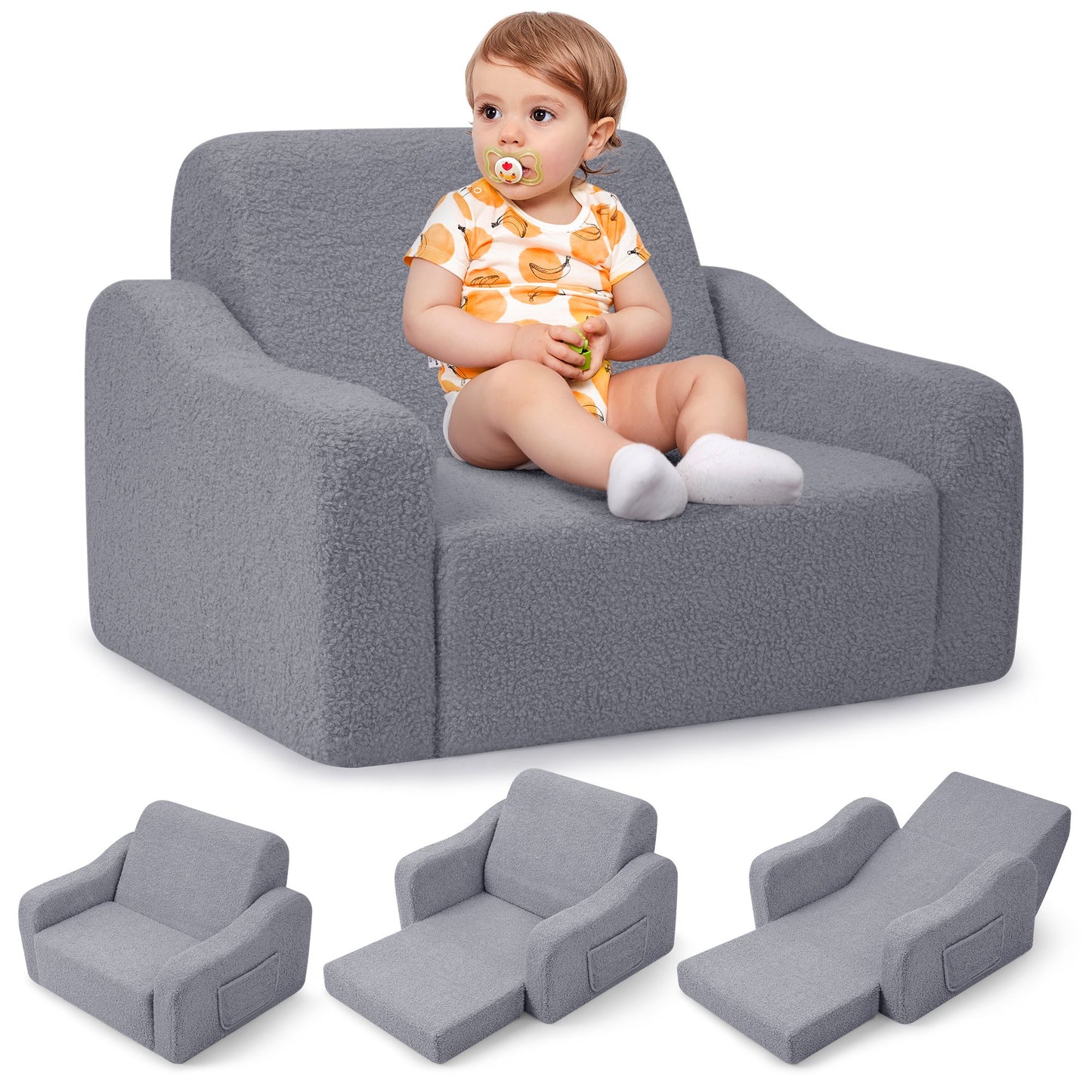 Babyeap 3-in-1 Kids Sofa,Toddler Sofa Bed Fold Out,Comfy Kids Couch,Convertible Baby Chair for Girls and Boys,Light Gray