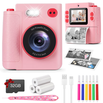 Yexmas Kids Instant Print Toys Camera, 1080P HD Digital Camera with 32GB SD Card, Thermal Print Toy Camera for Boys & Girls, Pink