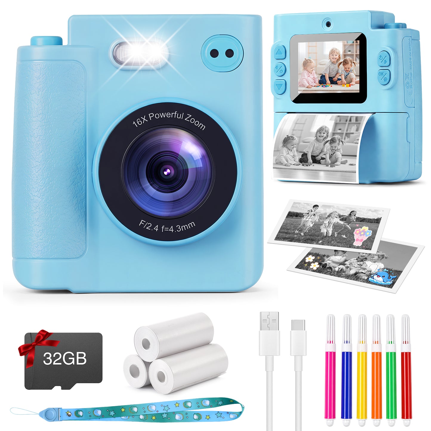 Yexmas Kids Instant Print Toys Camera, 1080P HD Digital Camera with 32GB SD Card, Thermal Print Toy Camera for Boys & Girls, Pink
