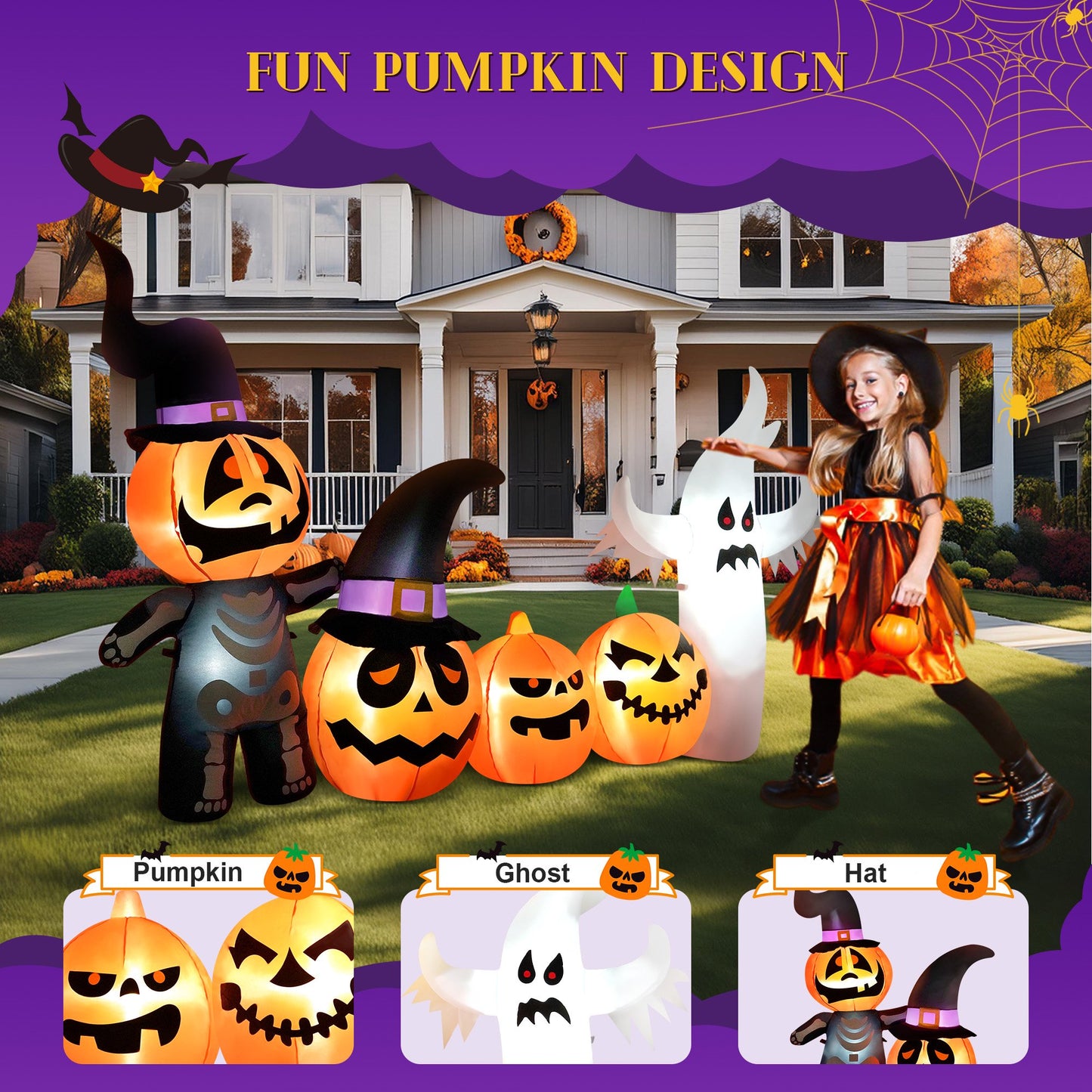 Yexmas Halloween Inflatables, 9 FT Long 4 Pumpkins with Cute White Ghost Outdoor Decorations, Built-in LEDs, Blow Up Party, Waterproof Yard, Garden, Lawn Decor
