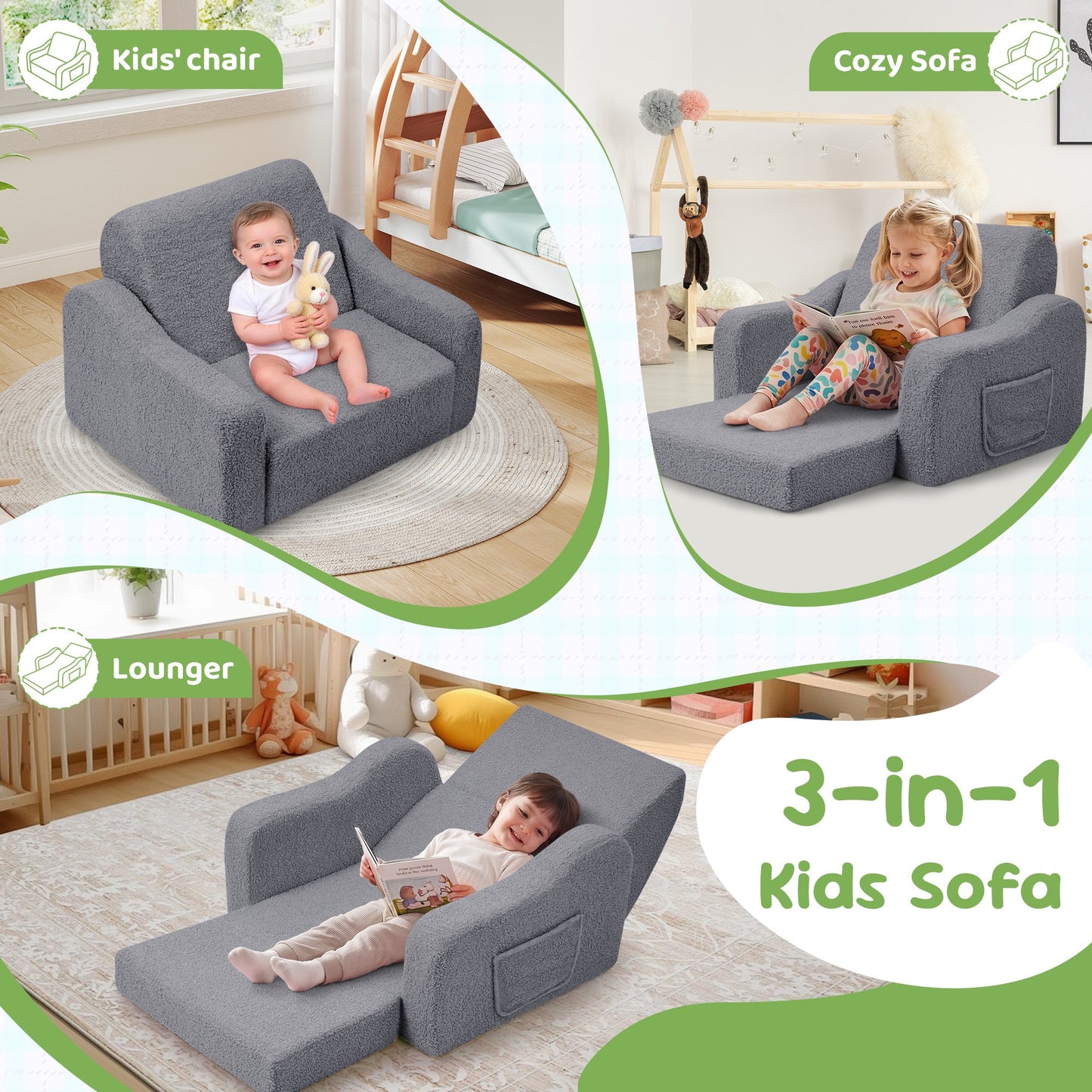 Babyeap 3-in-1 Kids Sofa,Toddler Sofa Bed Fold Out,Comfy Kids Couch,Convertible Baby Chair for Girls and Boys,Light Gray