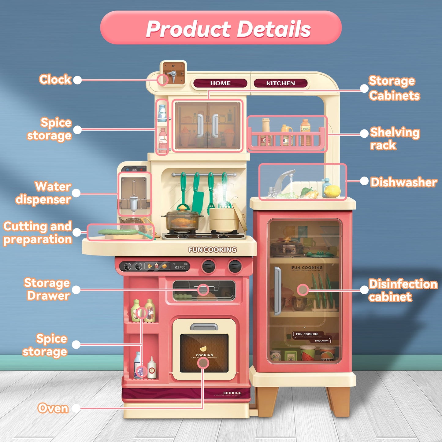 Lookfly 40.6 Inch Play Kitchen Set for Kids, Large Pretend Play Kitchen with Realistic Lights and Sounds, Simulation of Spray for Toddlers Girls Boys Gift ,Pink
