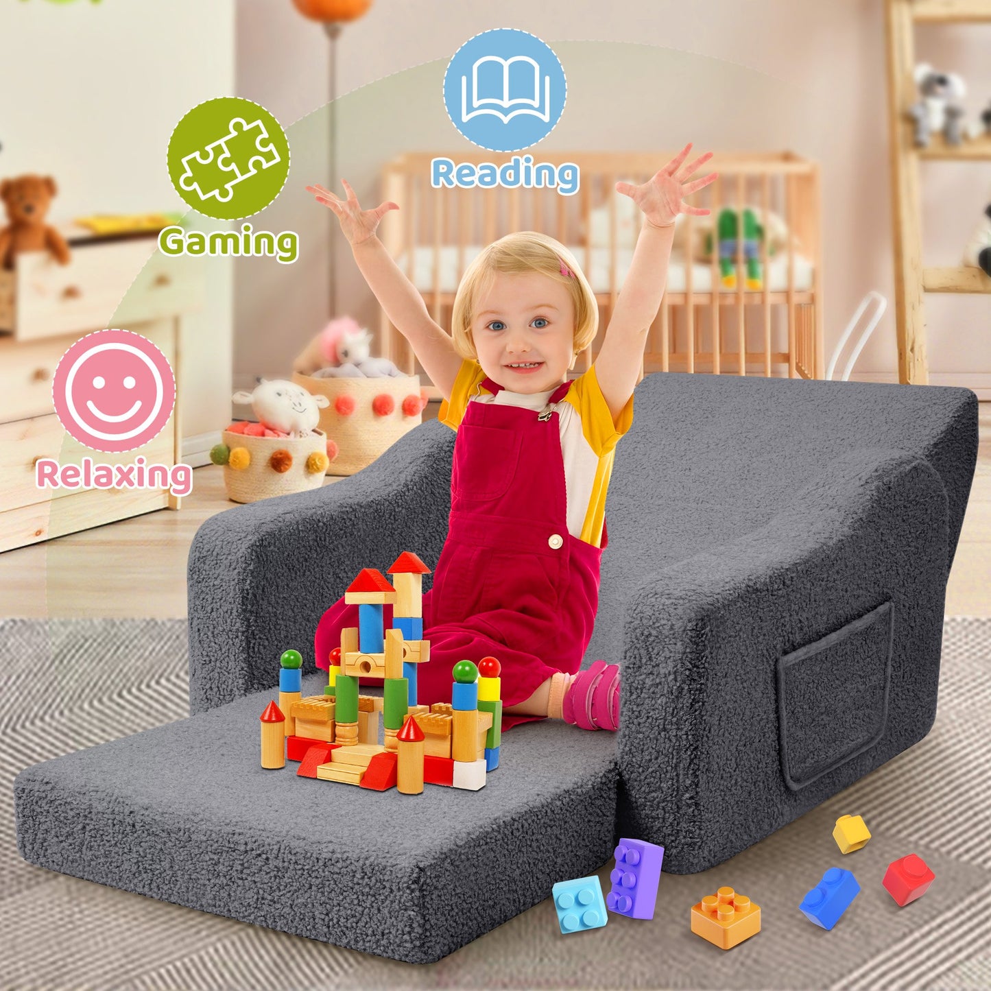 Babyeap 3-in-1 Kids Sofa,Toddler Sofa Bed Fold Out,Comfy Kids Couch,Convertible Baby Chair for Girls and Boys,Deep Gray