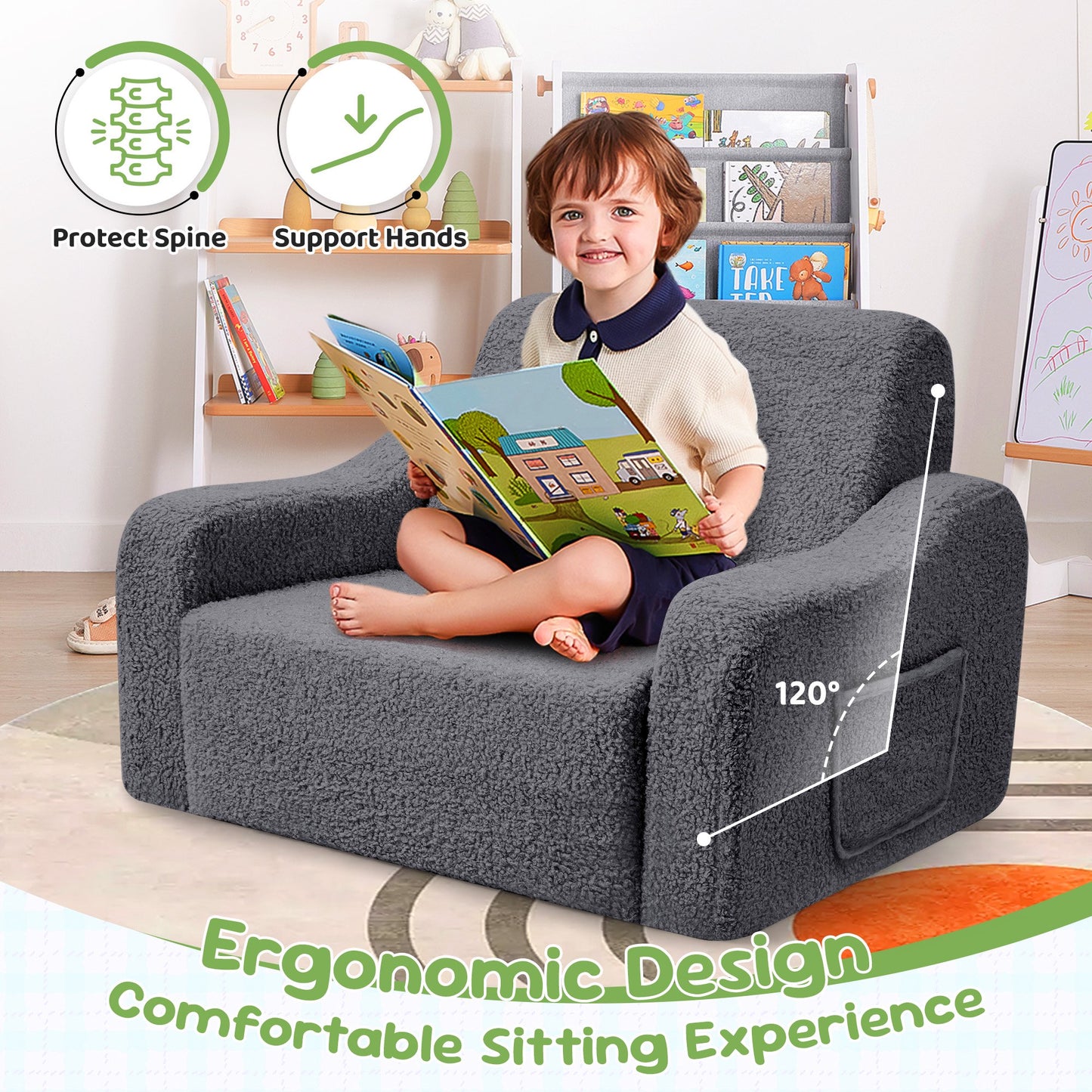 Babyeap 3-in-1 Kids Sofa,Toddler Sofa Bed Fold Out,Comfy Kids Couch,Convertible Baby Chair for Girls and Boys,Deep Gray