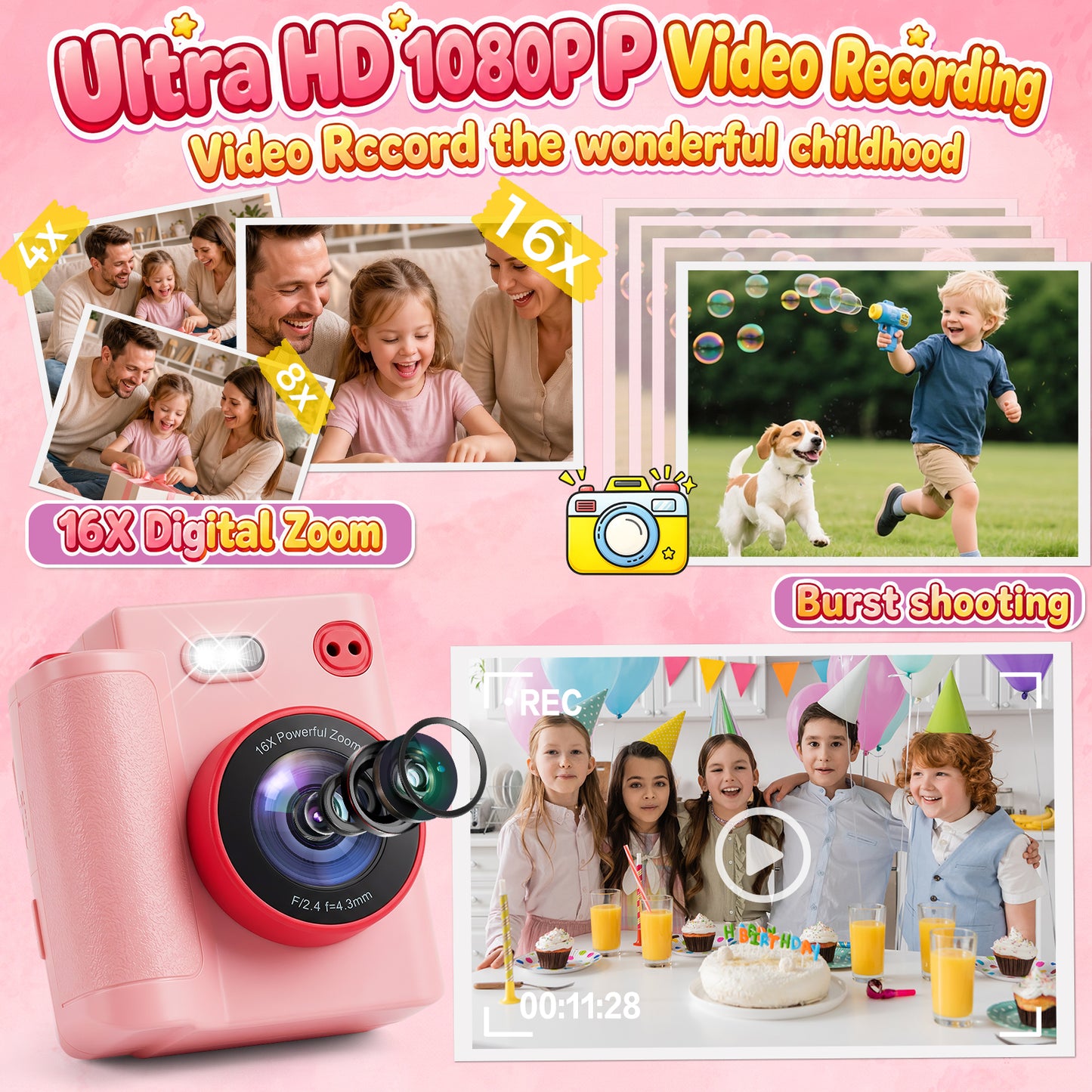 Yexmas Kids Instant Print Toys Camera, 1080P HD Digital Camera with 32GB SD Card, Thermal Print Toy Camera for Boys & Girls, Pink
