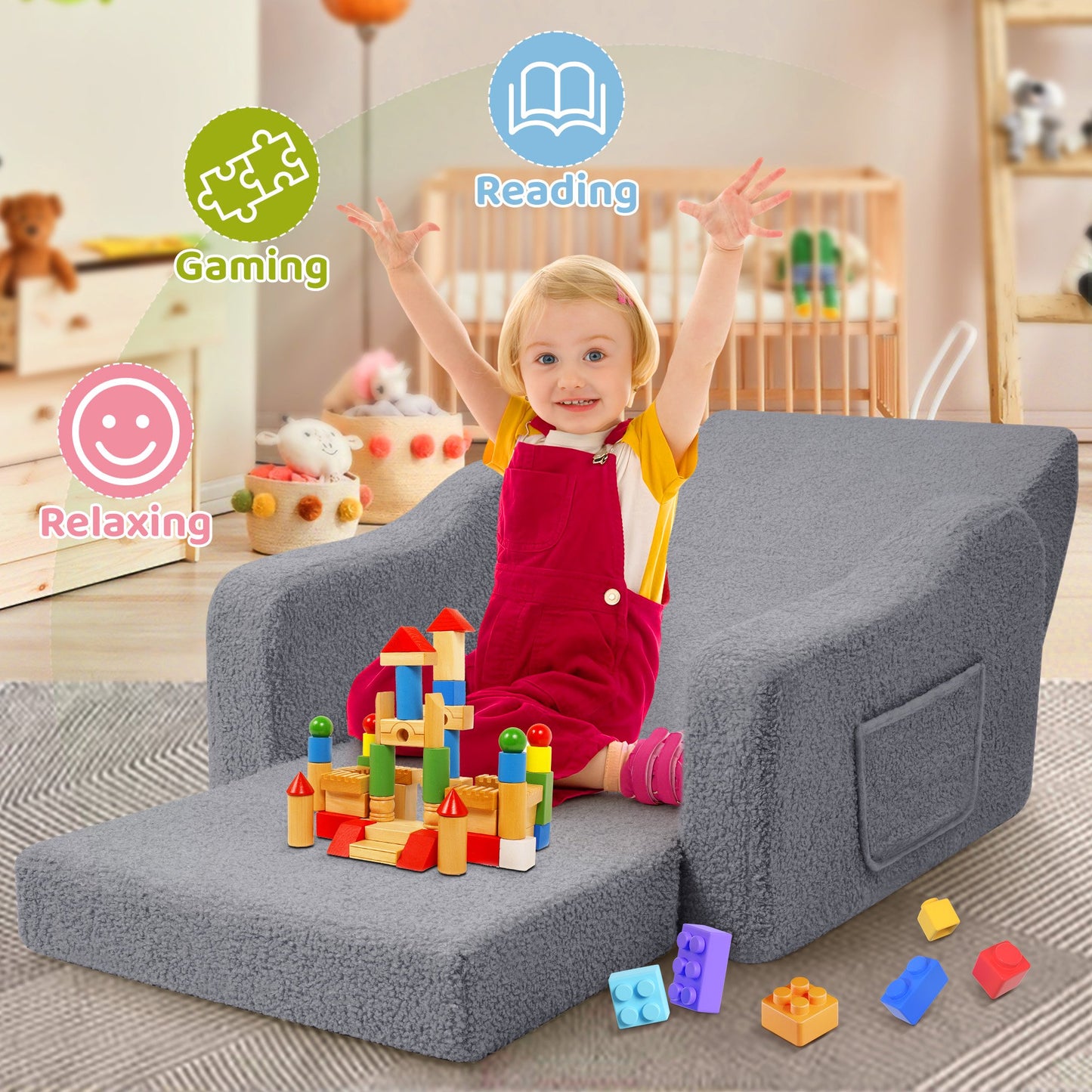 Babyeap 3-in-1 Kids Sofa,Toddler Sofa Bed Fold Out,Comfy Kids Couch,Convertible Baby Chair for Girls and Boys,Light Gray