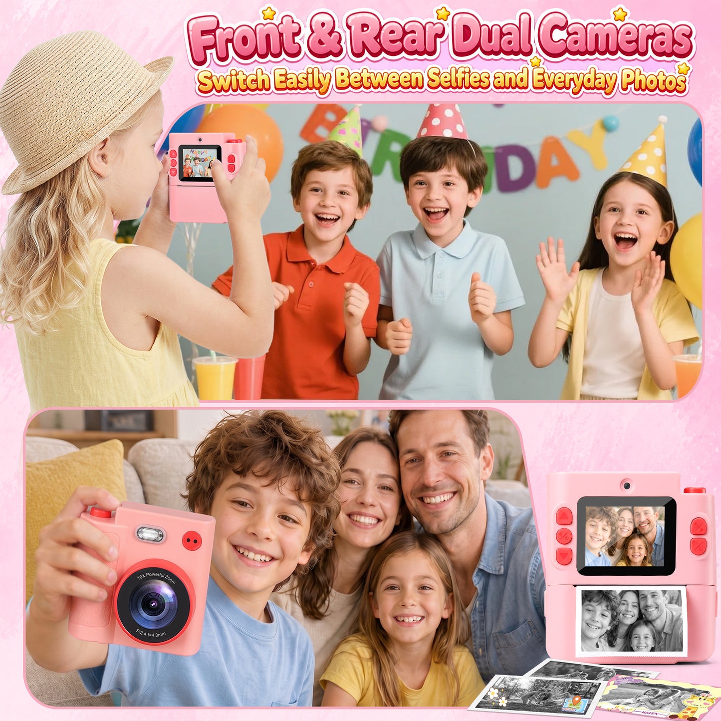 Yexmas Kids Instant Print Toys Camera, 1080P HD Digital Camera with 32GB SD Card, Thermal Print Toy Camera for Boys & Girls, Pink
