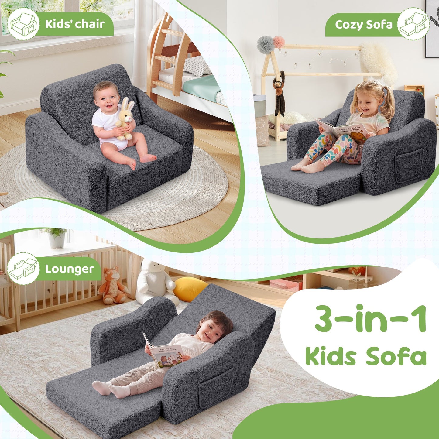 Babyeap 3-in-1 Kids Sofa,Toddler Sofa Bed Fold Out,Comfy Kids Couch,Convertible Baby Chair for Girls and Boys,Deep Gray