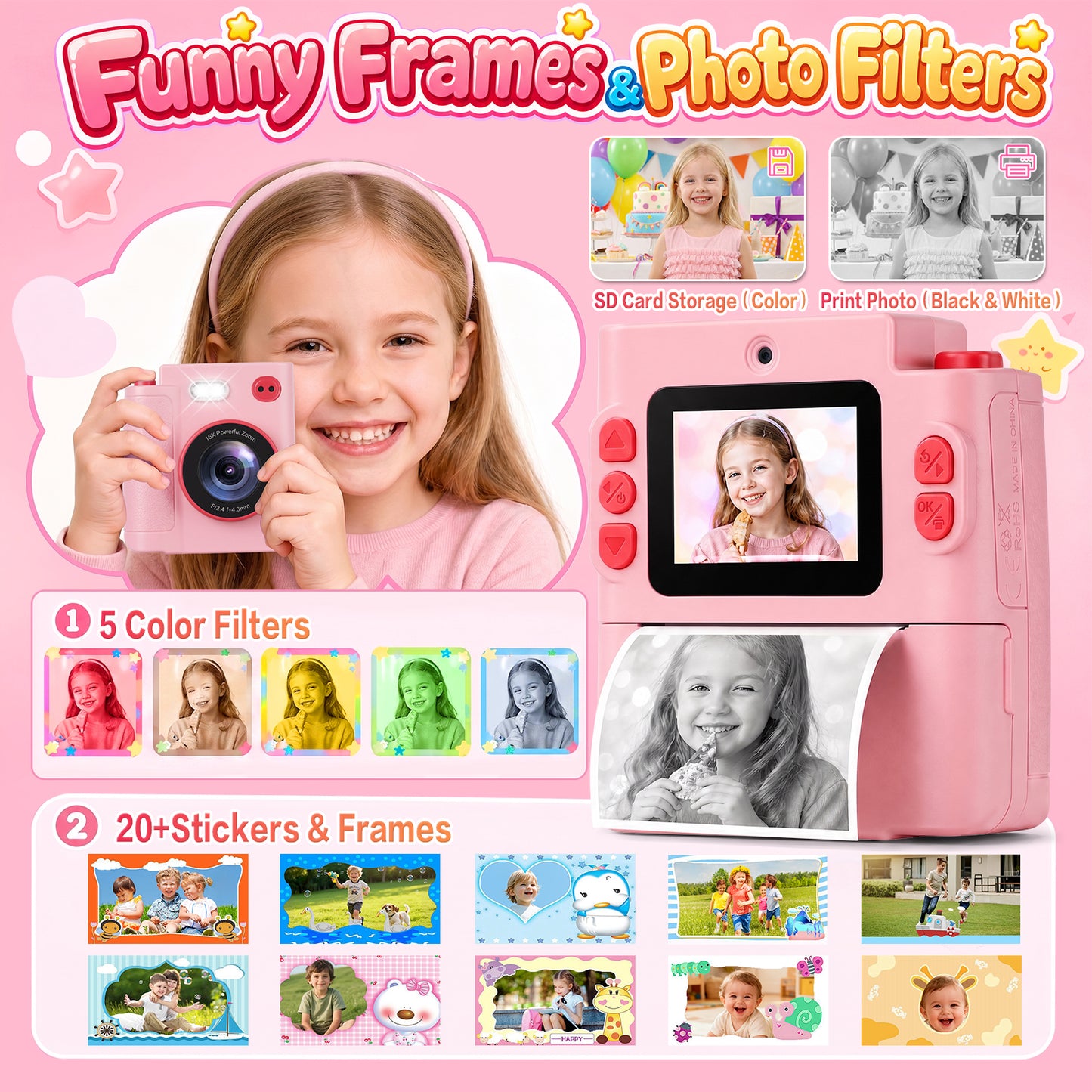 Yexmas Kids Instant Print Toys Camera, 1080P HD Digital Camera with 32GB SD Card, Thermal Print Toy Camera for Boys & Girls, Pink