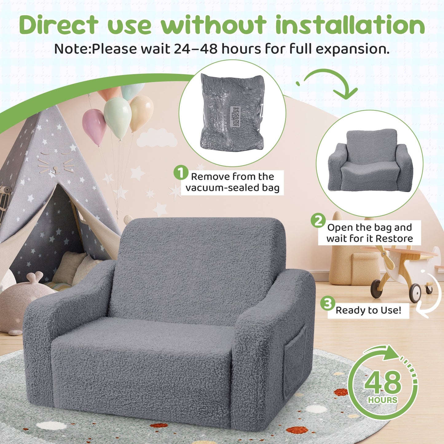 Babyeap 3-in-1 Kids Sofa,Toddler Sofa Bed Fold Out,Comfy Kids Couch,Convertible Baby Chair for Girls and Boys,Light Gray