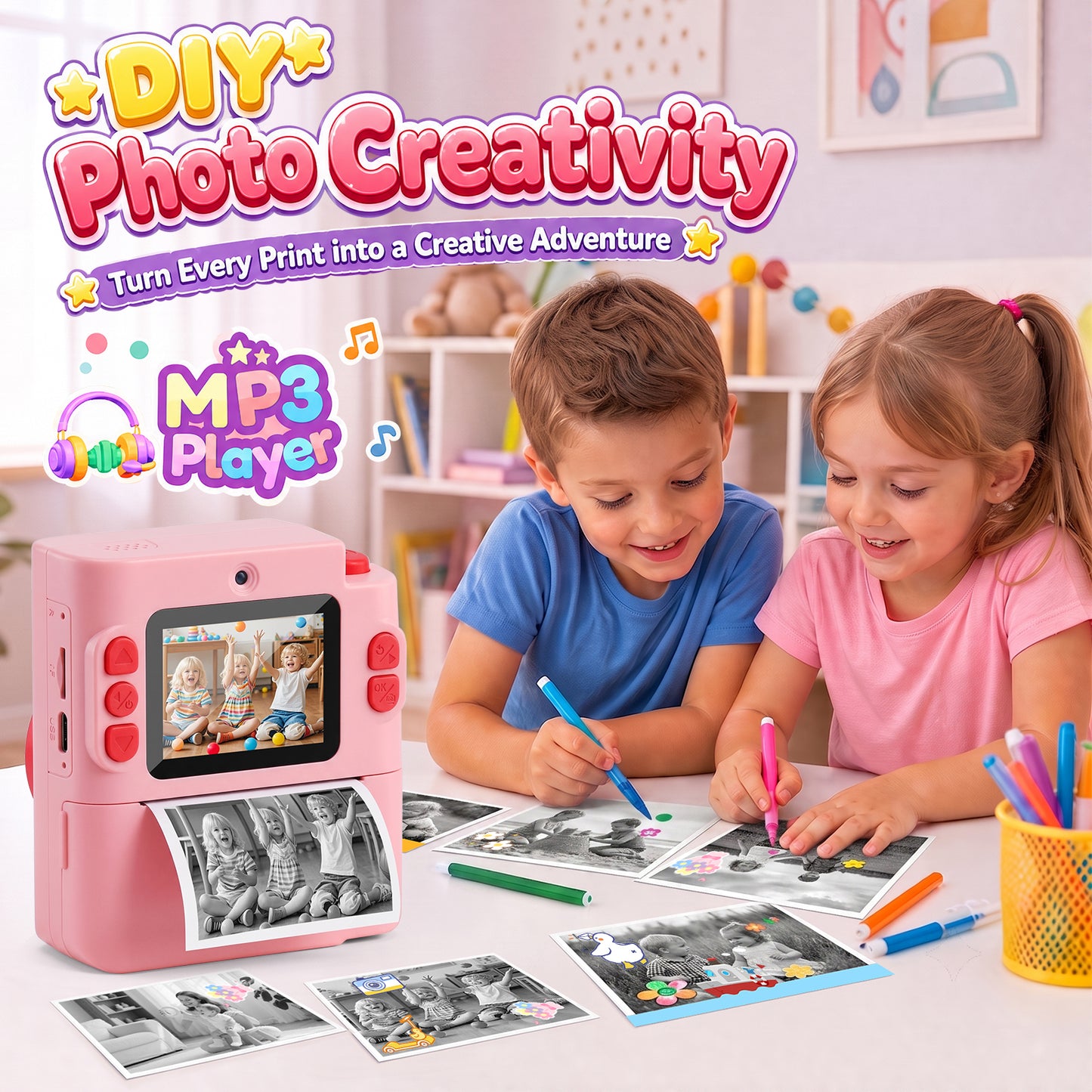 Yexmas Kids Instant Print Toys Camera, 1080P HD Digital Camera with 32GB SD Card, Thermal Print Toy Camera for Boys & Girls, Pink