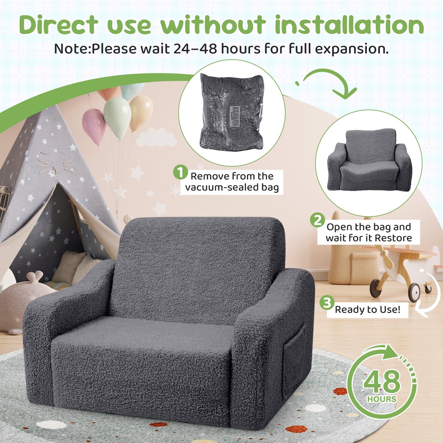 Babyeap 3-in-1 Kids Sofa,Toddler Sofa Bed Fold Out,Comfy Kids Couch,Convertible Baby Chair for Girls and Boys,Deep Gray