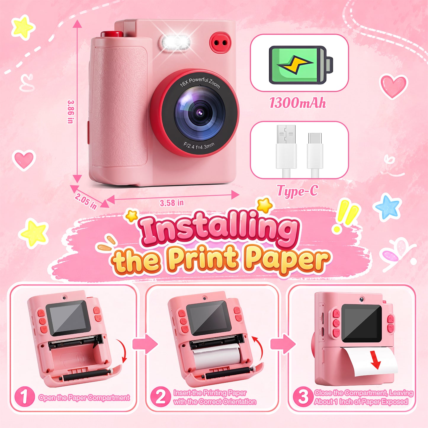 Yexmas Kids Instant Print Toys Camera, 1080P HD Digital Camera with 32GB SD Card, Thermal Print Toy Camera for Boys & Girls, Pink