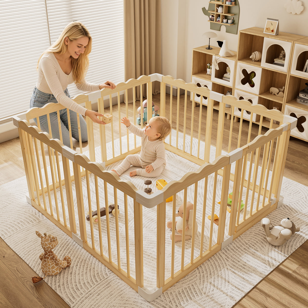 Babyeap Foldable Wooden Baby Playpen,Large Wood Play Yard for Babies and Toddlers, Baby Fence for Indoor Activity Center,47x47x23.6 Inch