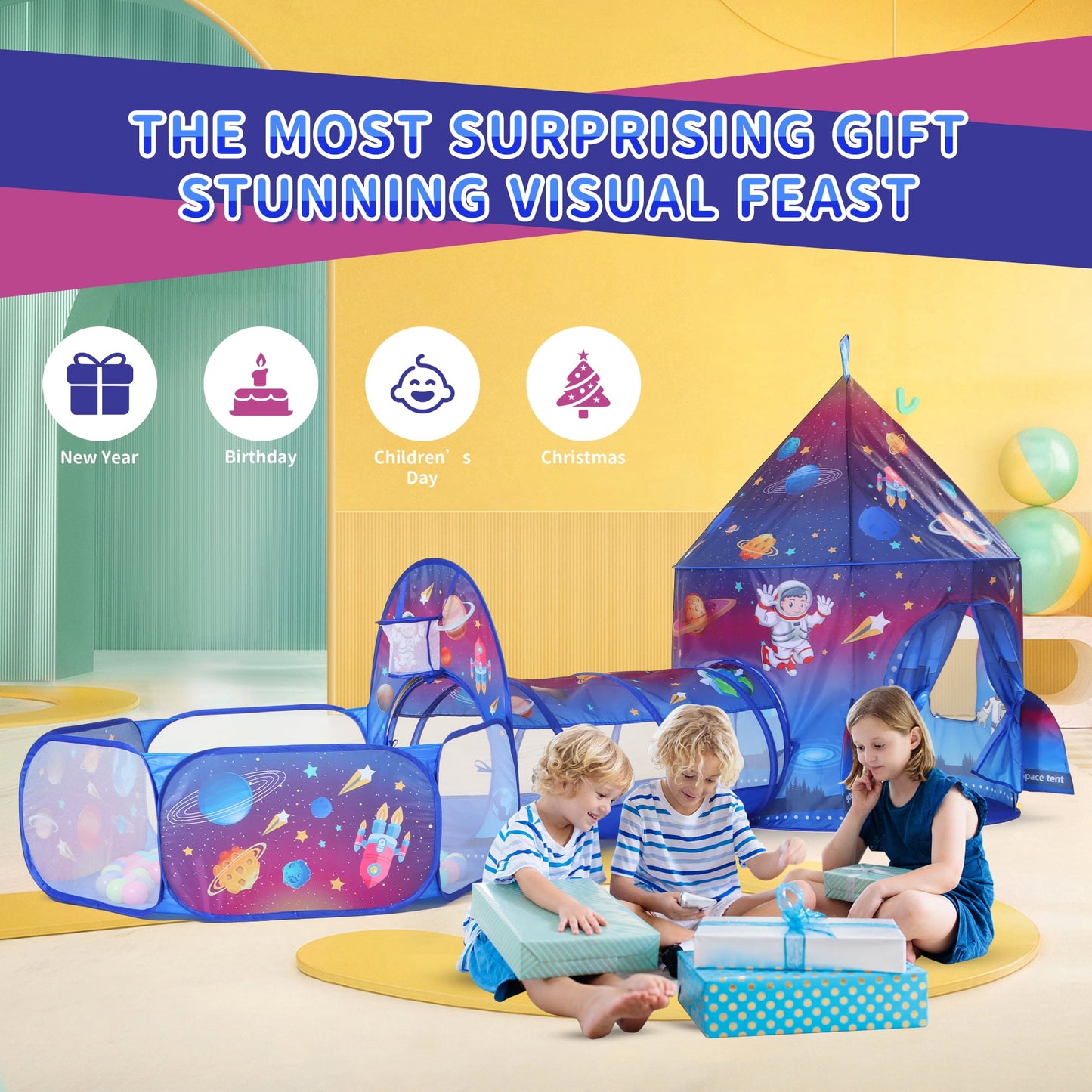 Yexmas 3 in 1 Kids Ball Pit with Play Tent and Play Tunnel, Kids Pop Up Tent for Indoor Outdoor, Toys for Boys Girls Babies Toddlers Playhouse
