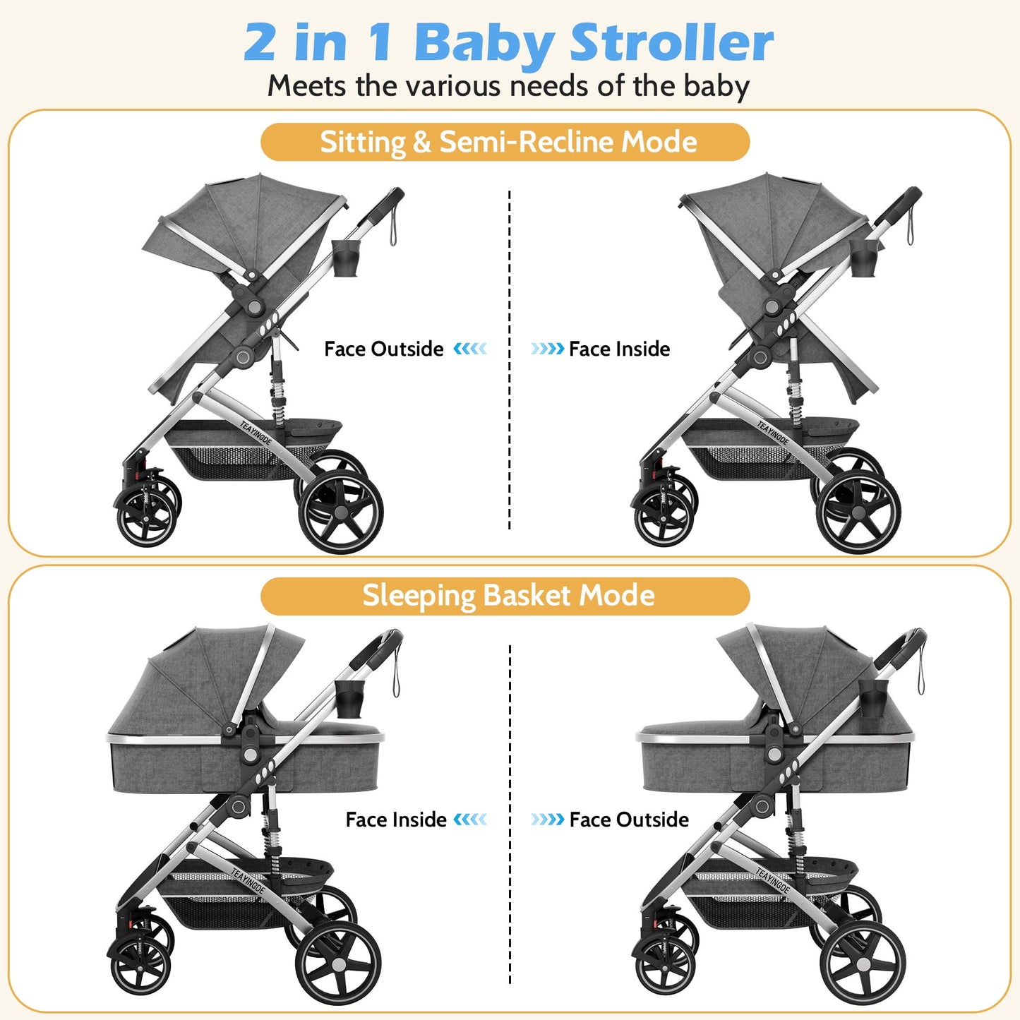 babyeap 2 in 1 Baby Stroller,Foldable Lightweight Carriage Reversible Bassinet Pram for Toddler,Travel Stroller with with Cup Holder、Storage Bag