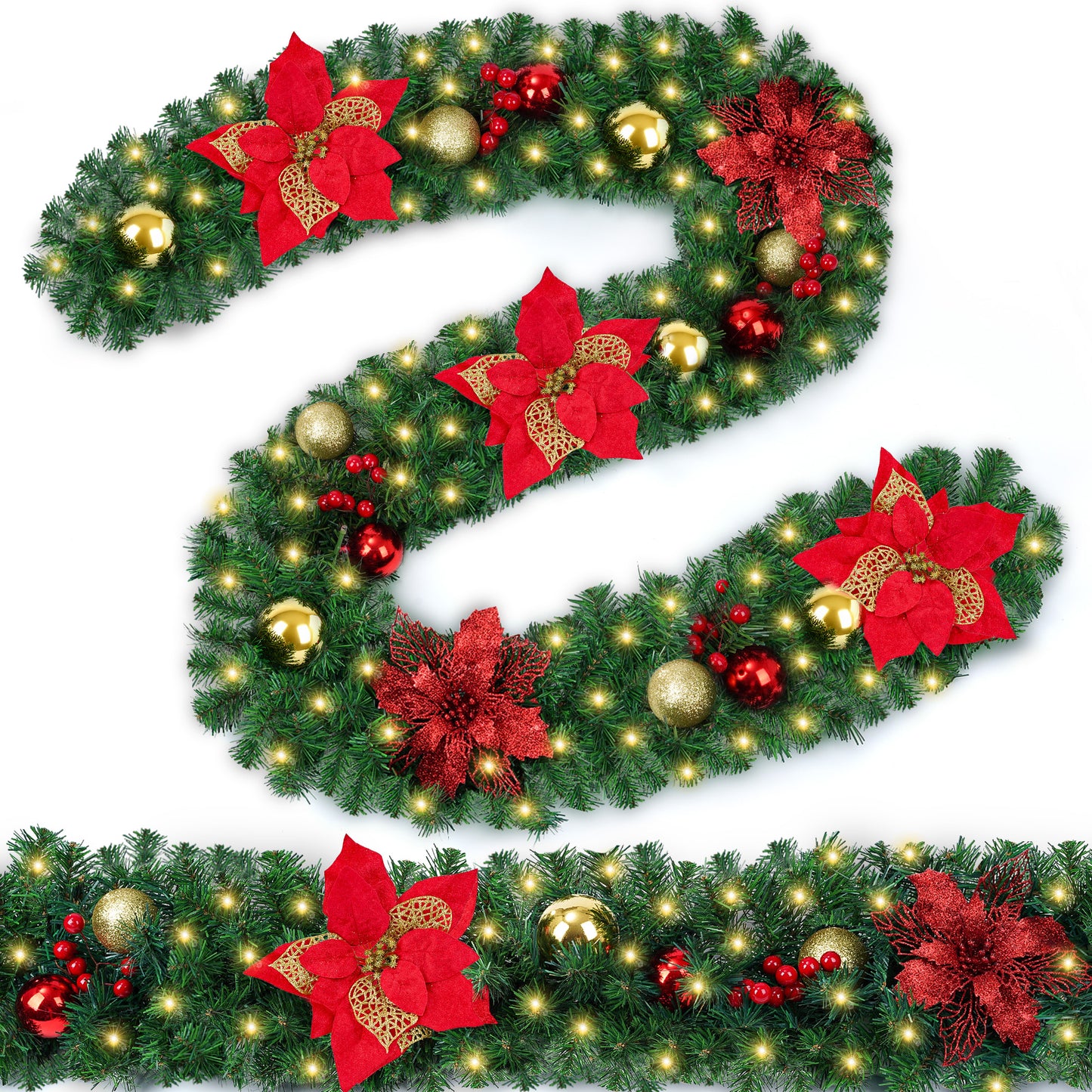 Yexmas 9FT Pre-Lit Christmas Garland with LED Lights,Decorated with Red Poinsettias,Berries and Ball Ornaments,Battery Operated Xmas Garland for Mantel,Stair,Door