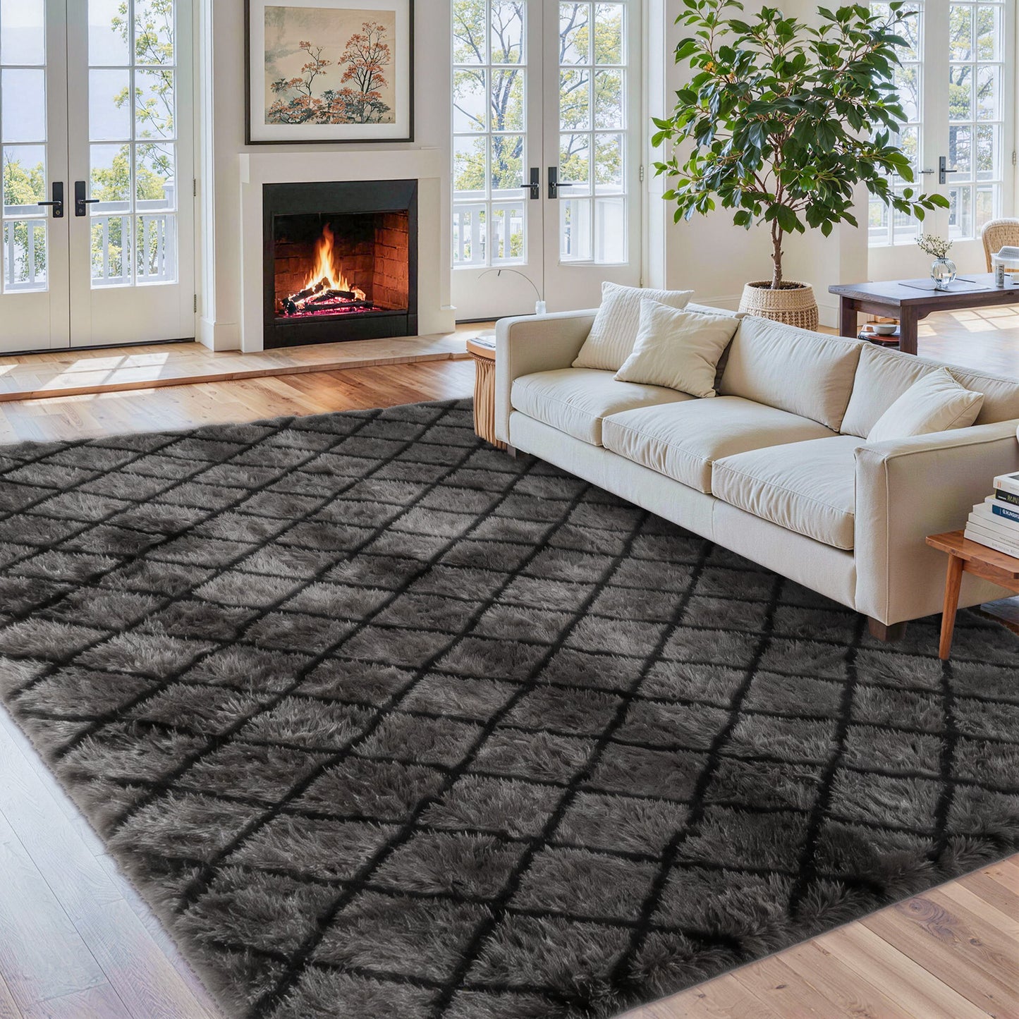 CozyDesg Shag Area Rugs,4'x6' Soft Fluffy Shaggy Carpet for Living Room,Large Rug for Bedroom Dining Room Home Decor Room Decor,Black & White