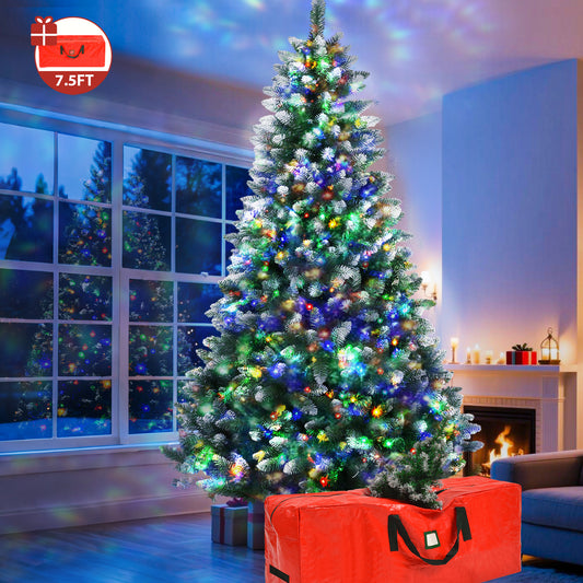 Yexmas 7.5ft Pre-Lit Green Christmas Tree, 11 Modes Colored LED Lights, Artificial Xmas Tree with Large Storage Bag