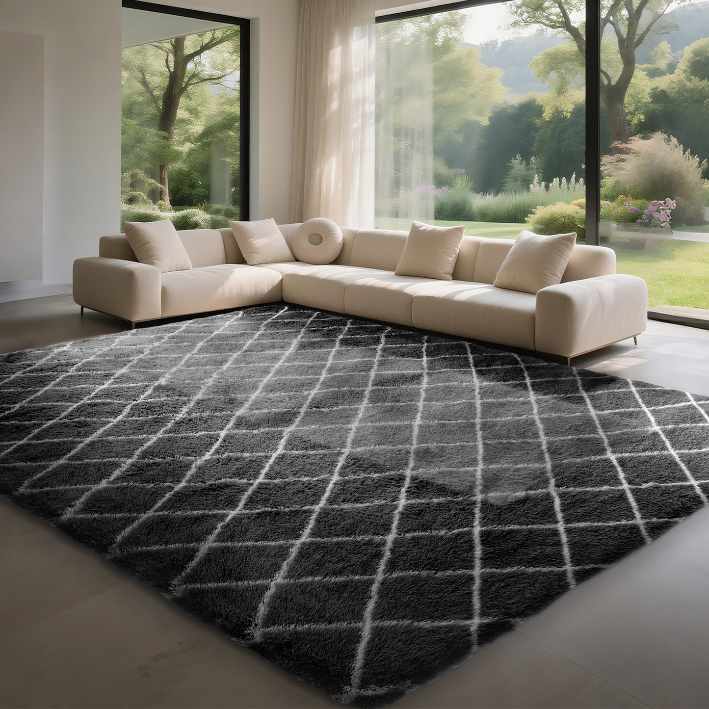 CozyDesg Shag Area Rugs,4'x6' Soft Fluffy Shaggy Carpet for Living Room,Large Rug for Bedroom Dining Room Home Decor Room Decor,Black & White