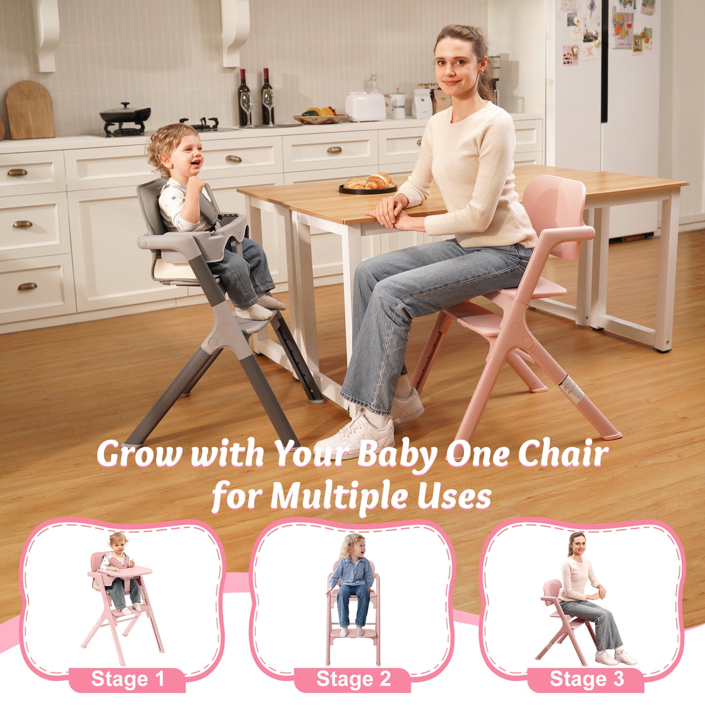 Babyeap Baby High Chair, Adjustable and Convertible Highchair for Babies and Toddlers, Foldable Design, Gray