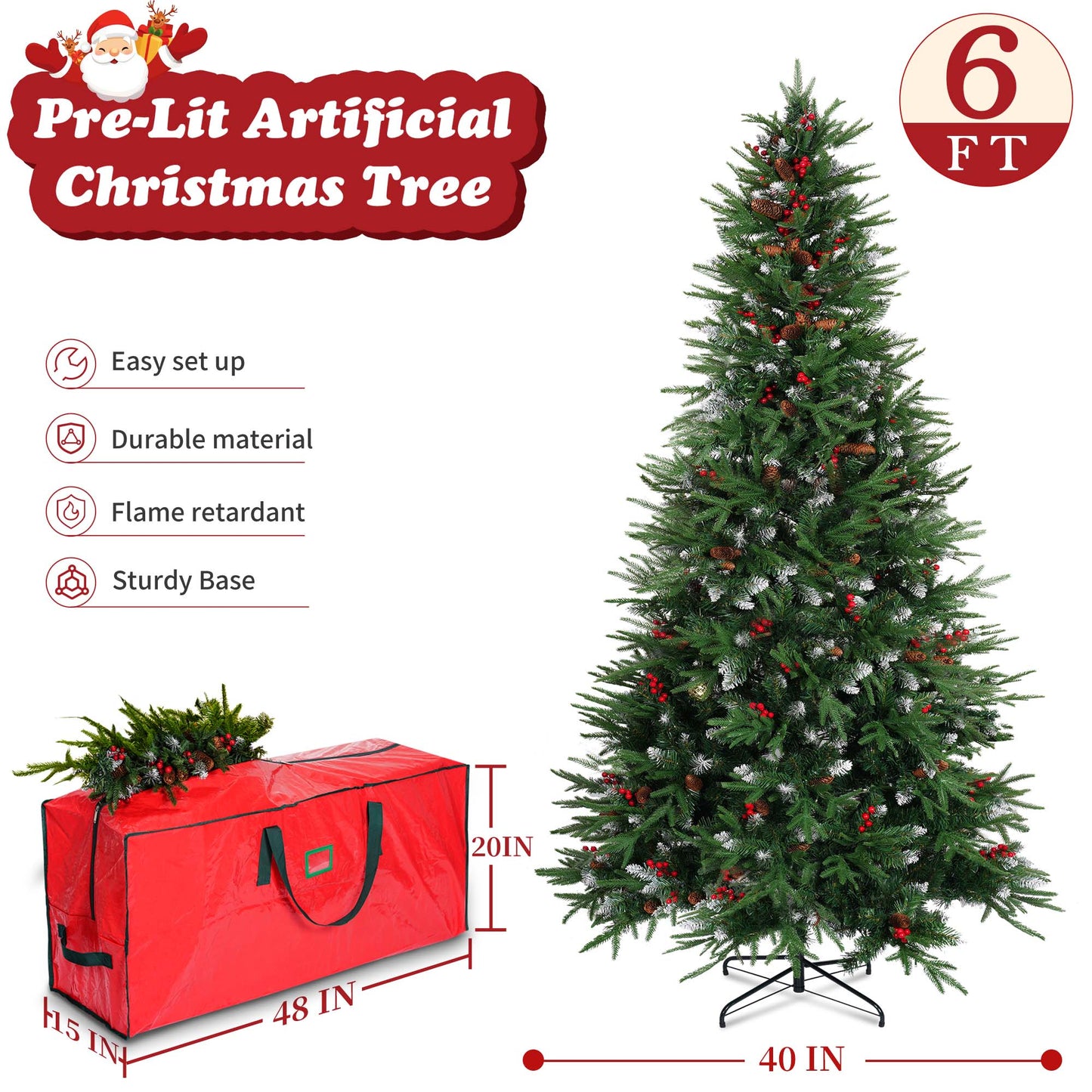 Yexmas 6ft Pre-Lit Artificial Christmas Trees,Green Xmas Tree with Large Christmas Tree Storage Bag,Pinecones, Berries, Realistic Artificial Christmas Trees for Home, Office, Party Decoration