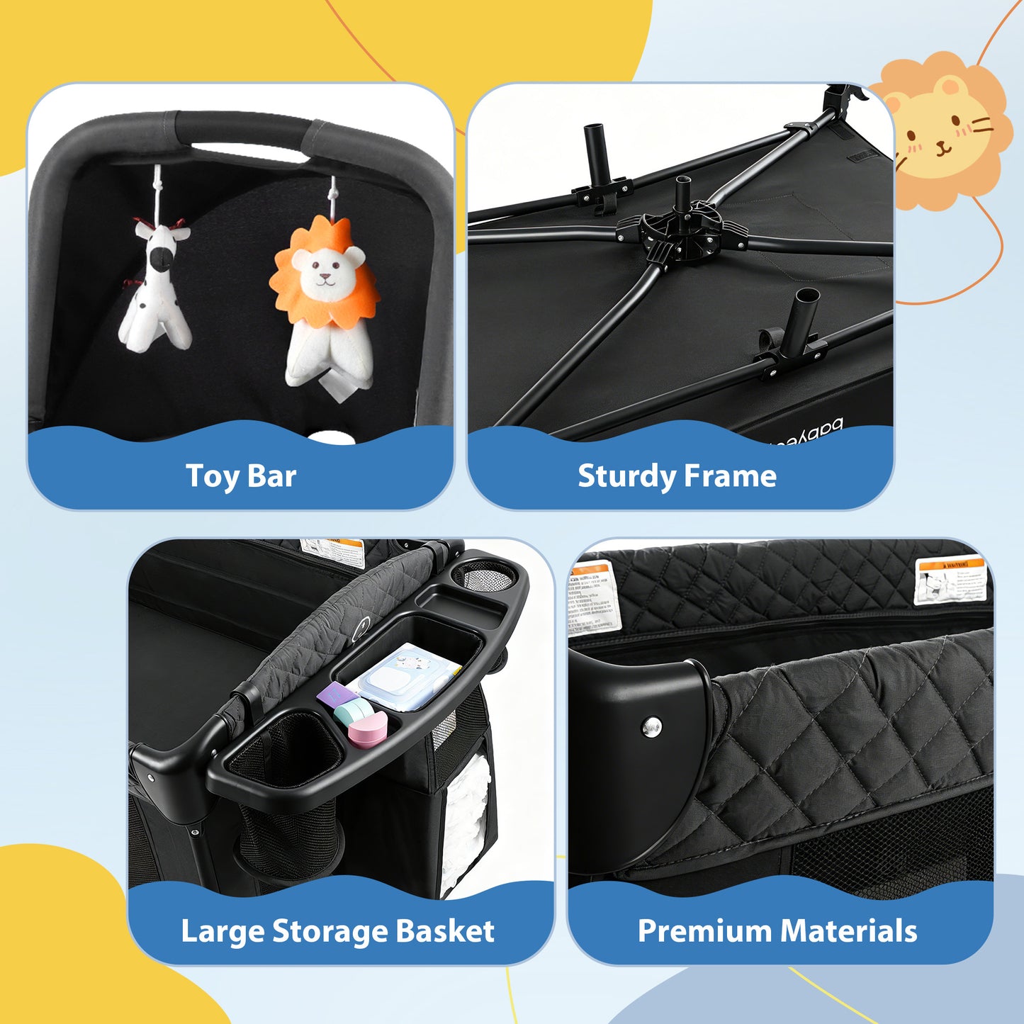 Babyeap 7-in-1 Baby Bassinet with Playard and Bedside Sleeper, Changing Table, Toy Bar, Extra Large Storage Bag, Travel Crib for Newborns and Infants, Black