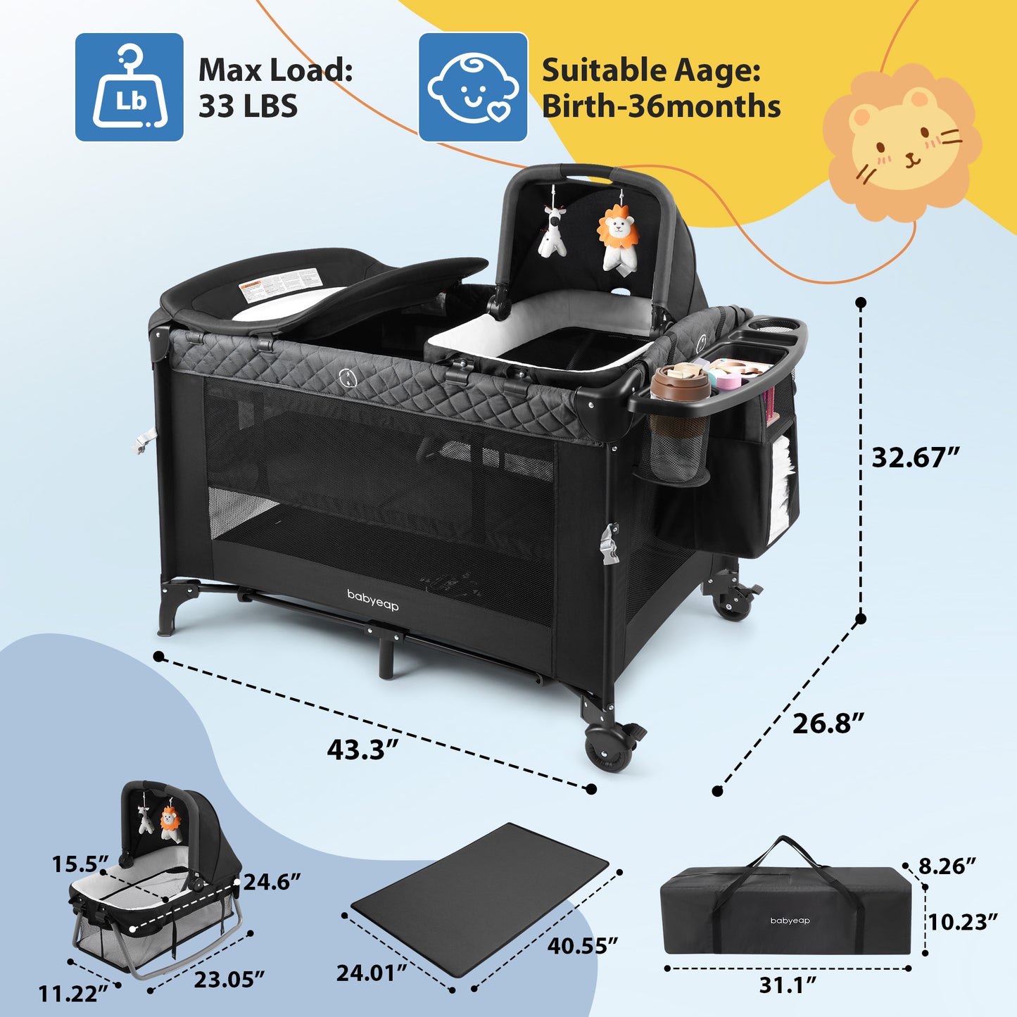 Babyeap 7-in-1 Baby Bassinet with Playard and Bedside Sleeper, Changing Table, Toy Bar, Extra Large Storage Bag, Travel Crib for Newborns and Infants, Black
