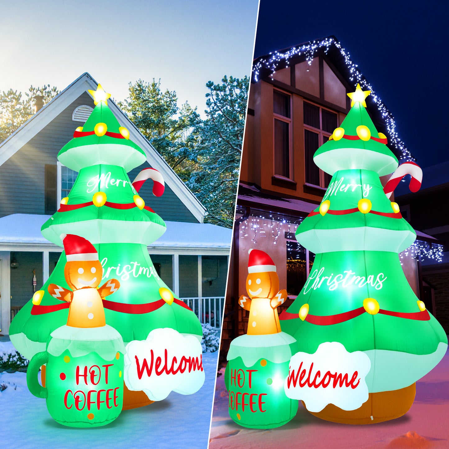 Yexmas 7FT Large Outdoor Inflatable Christmas Tree with Snowman, Hot Coffee Cup and Welcome Sign, Built-in LED Lights, Blow Up Xmas Decoration for Yard, Garden, Lawn