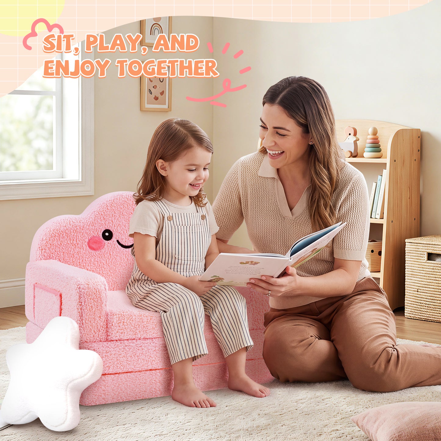 babyeap 2-in-1 Kids Sofa,Fold Out Toddler Couch with Star Pillow,Soft Convertible Kids Chair for Girls and Boys,Pink